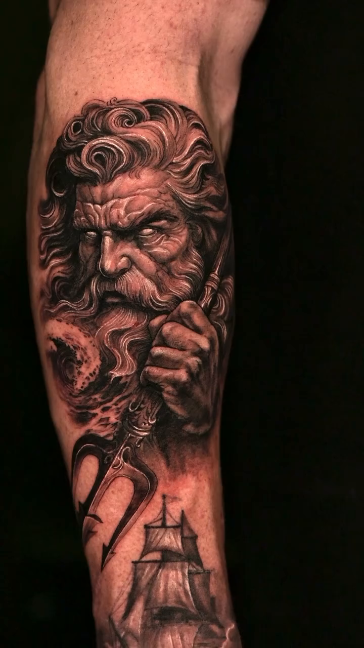 Poseidon with trident and ship realism tattoo by Zonghuan Wu