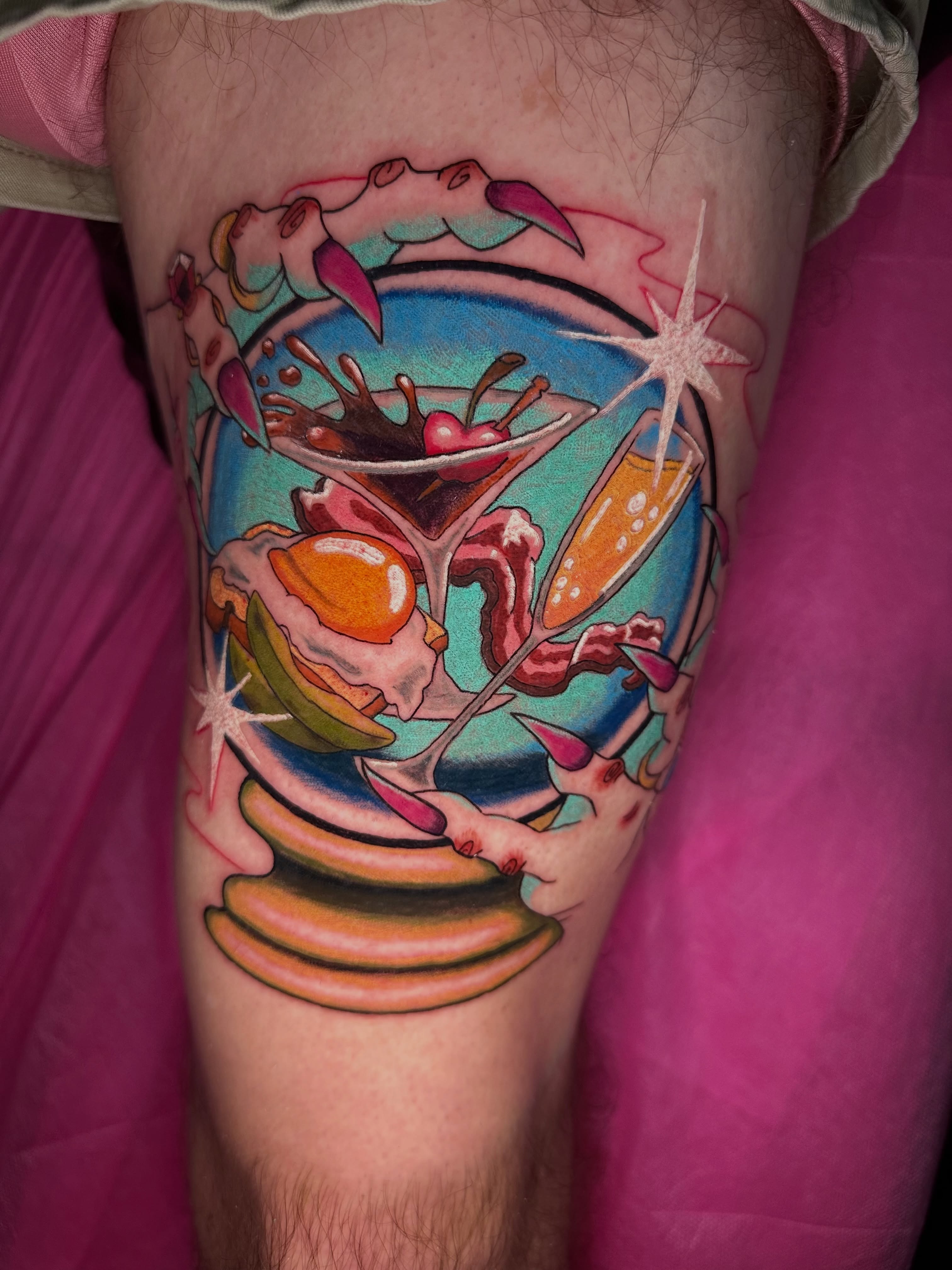 Breakfast-themed cocktail illustrative tattoo on the forearm by Sunny, Austin, Texas