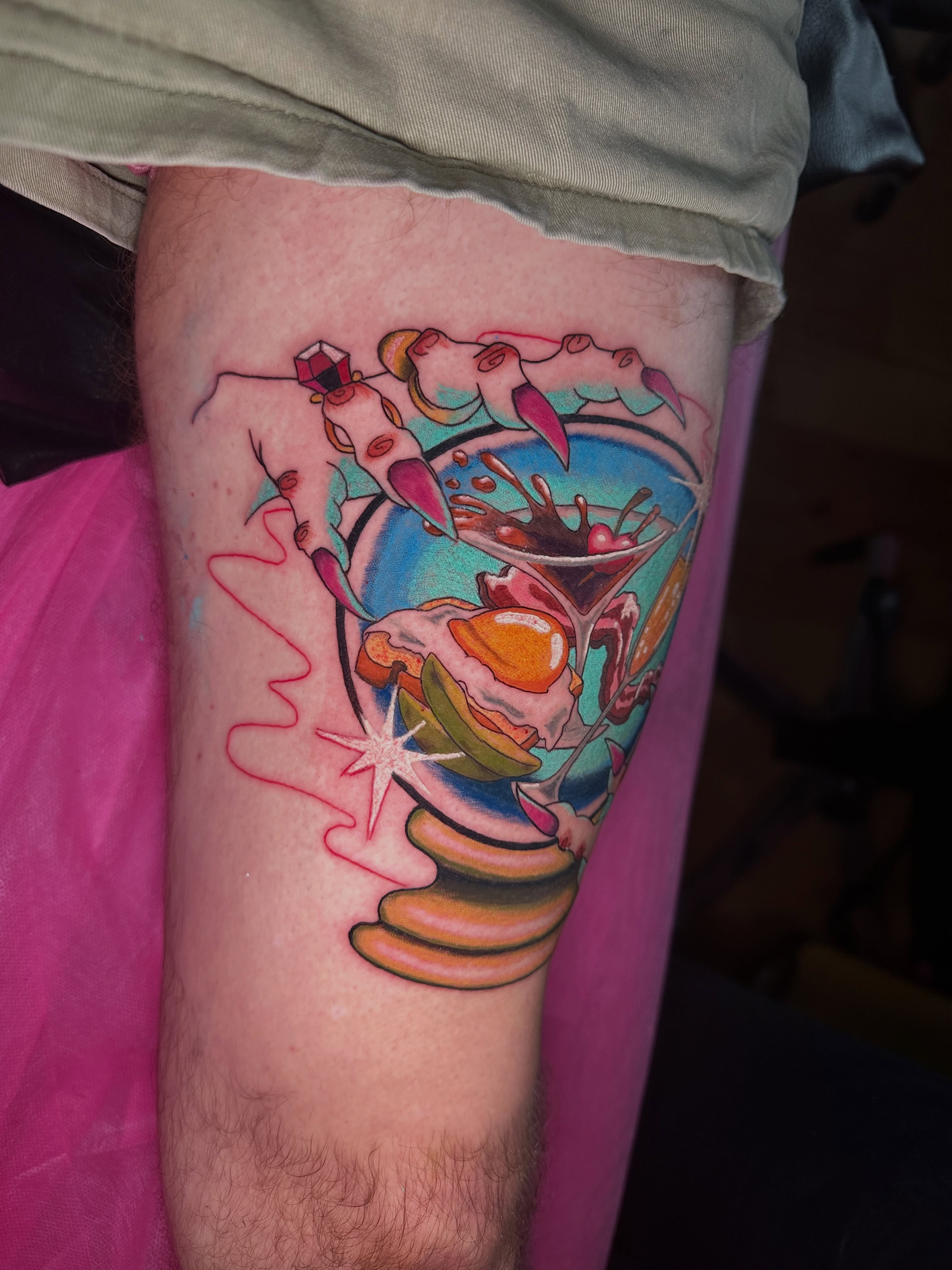 Breakfast new school tattoo on the thigh by Sunny, Austin, Texas