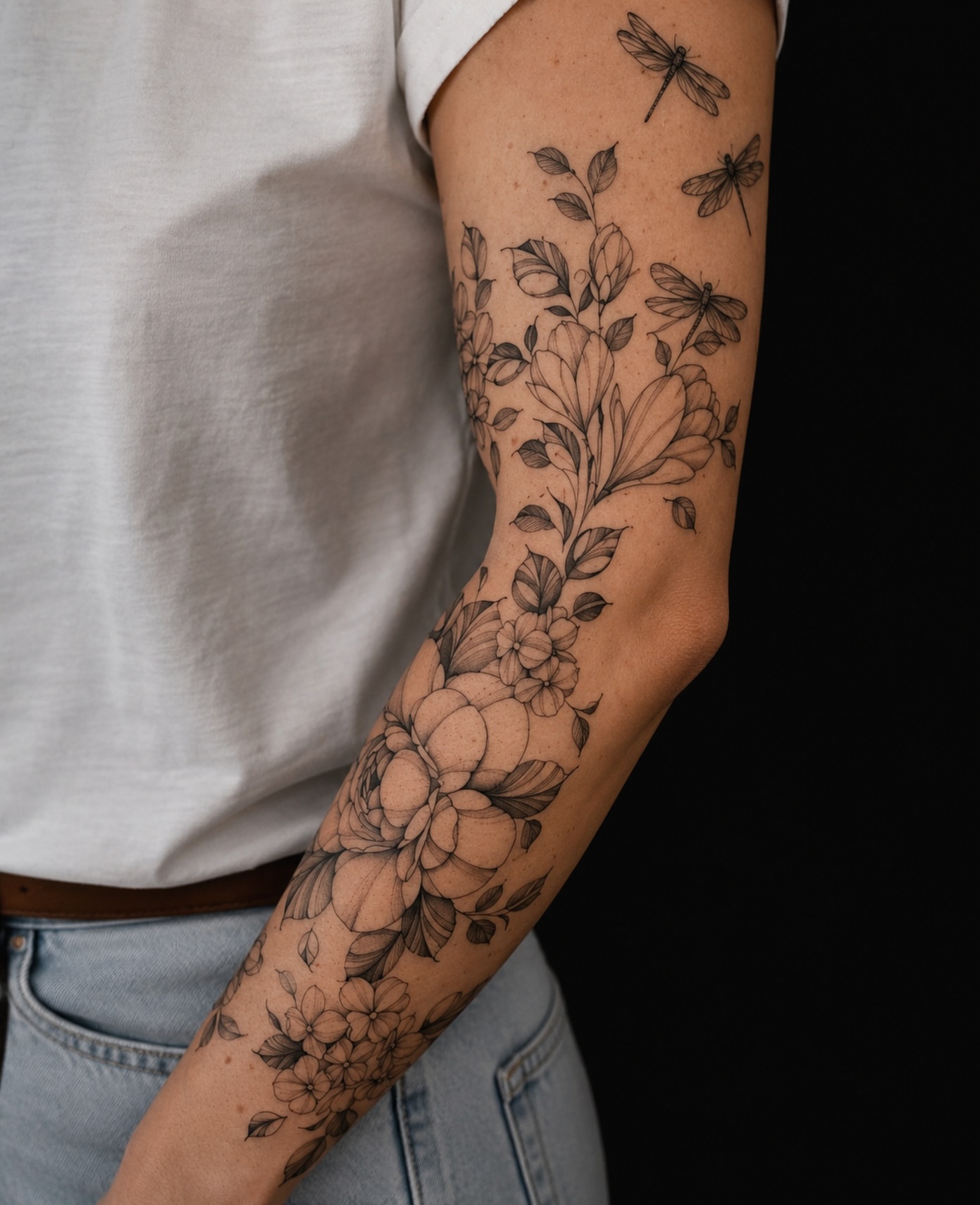 Floral bouquet black and grey tattoo on the forearm by JAmy Winters