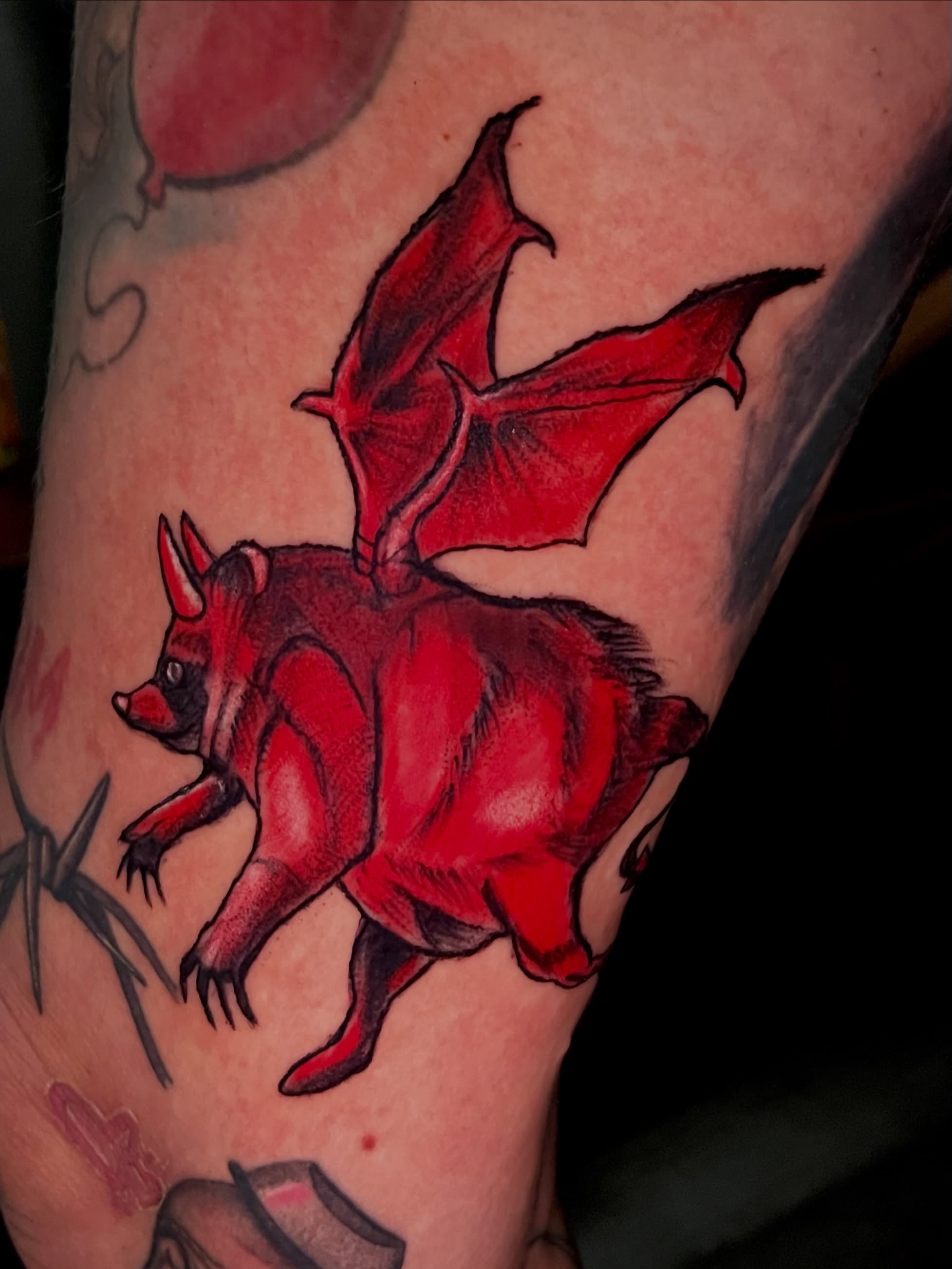 Bat American traditional tattoo on the forearm by Misha Dumois, Seattle, Washington