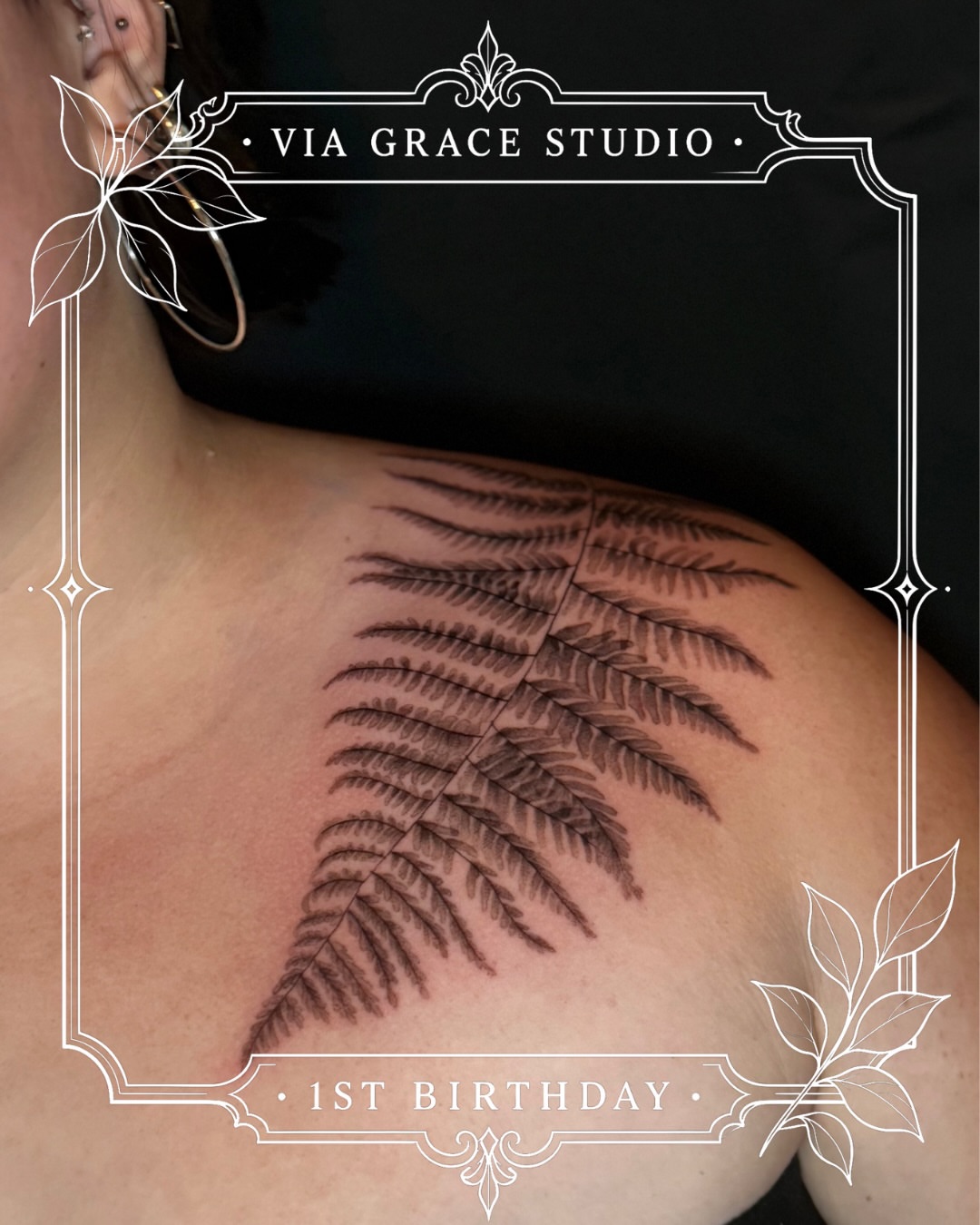 Fern leaf black and grey tattoo on the back by Olivia, Royal Oak, Michigan