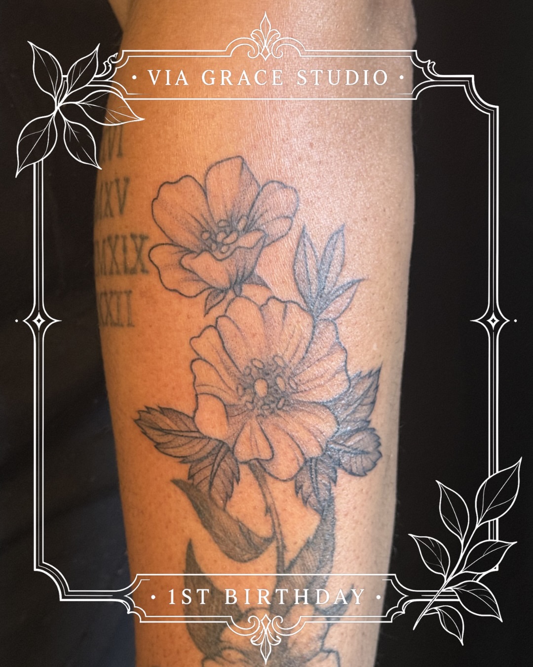 Flowers black and grey tattoo on the forearm by Olivia, Royal Oak, Michigan