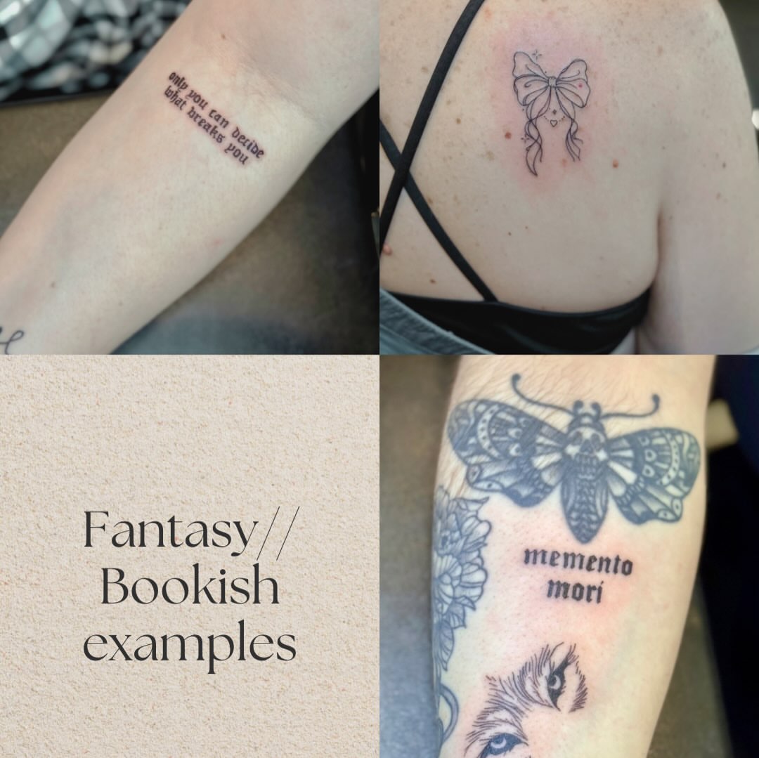 Bookish phrases black and grey tattoo on the upper arm by 🪬🍄Larissa Potter🍄🪬