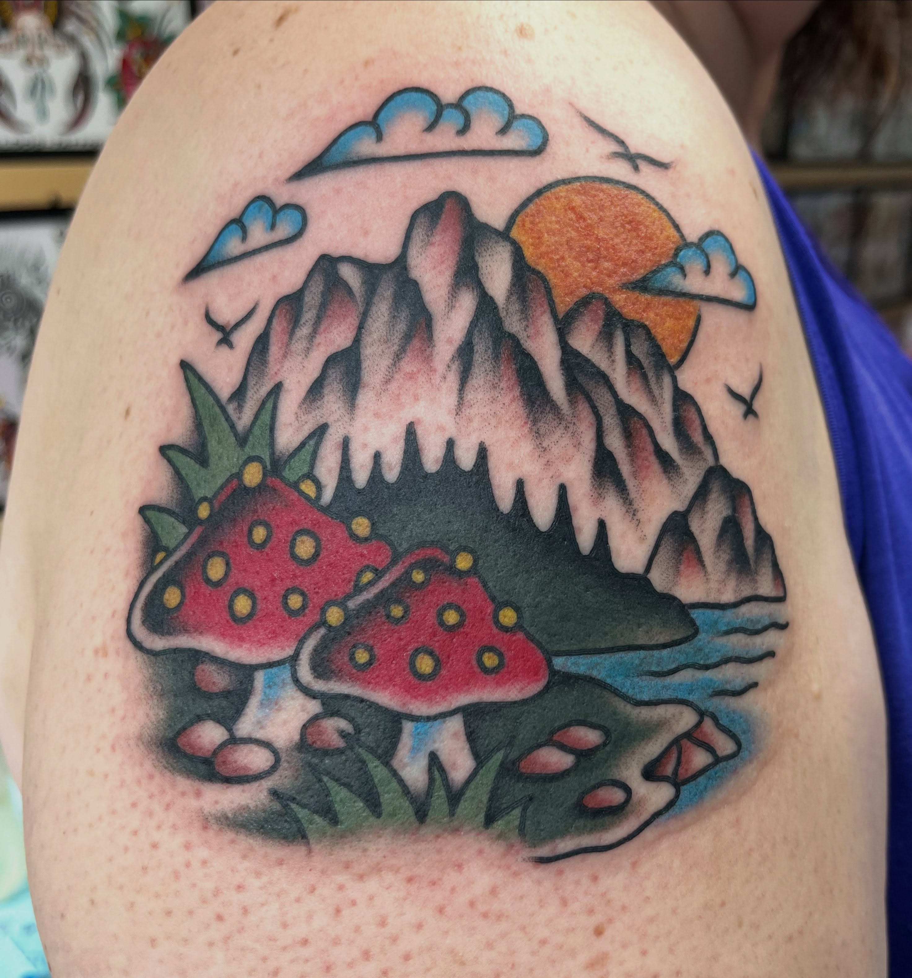 Mushrooms and mountains American traditional tattoo on the shoulder by Kayla Gibson, Portland, Oregon