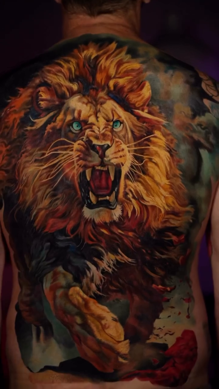 Roaring lion realism tattoo by Slava Bodrov