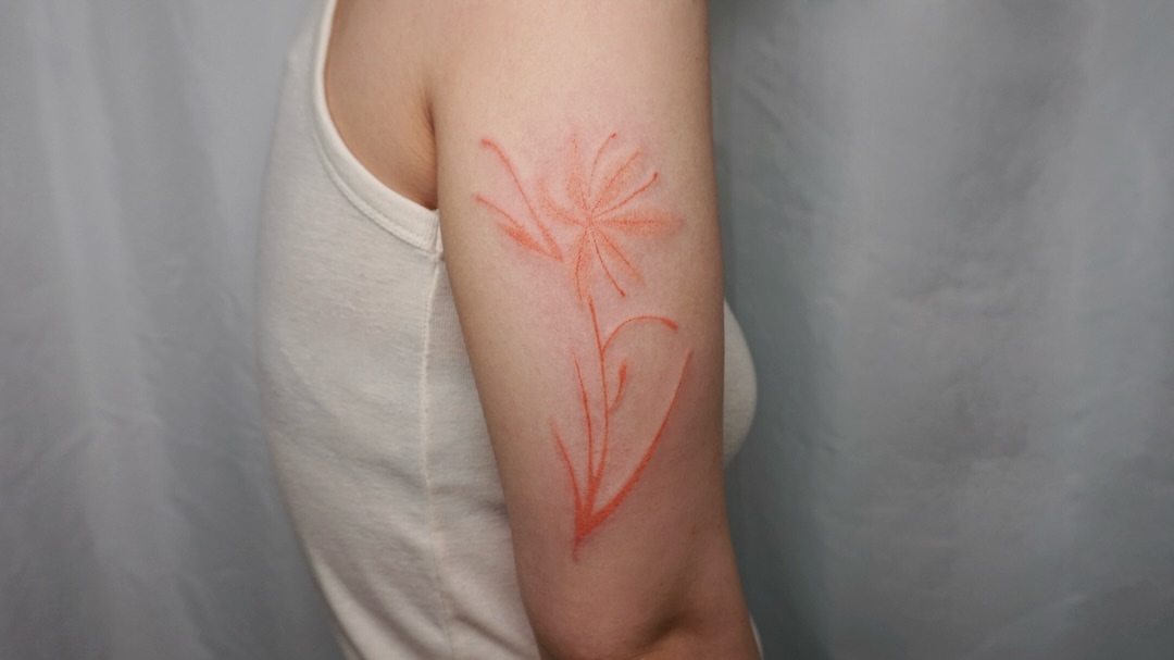 Flower fine line tattoo on the forearm by 매실 * handpoke