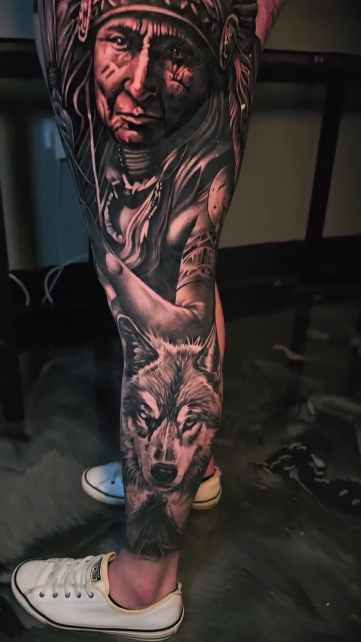 Native American chief and wolves realism tattoo by Nathan Mathers Tattooist