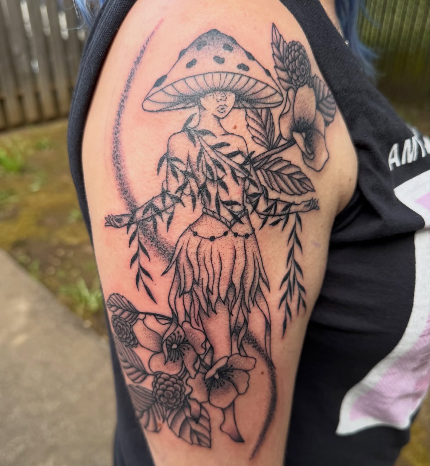 Mushroom woman dotwork tattoo on the shoulder by Jenna Nicole