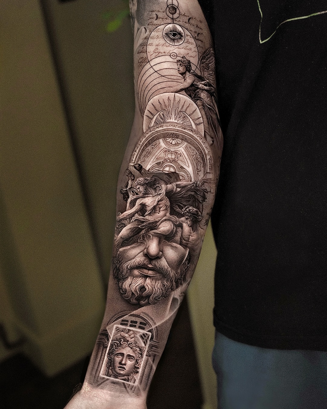 Mythological figure realism tattoo on the forearm by Dopamine