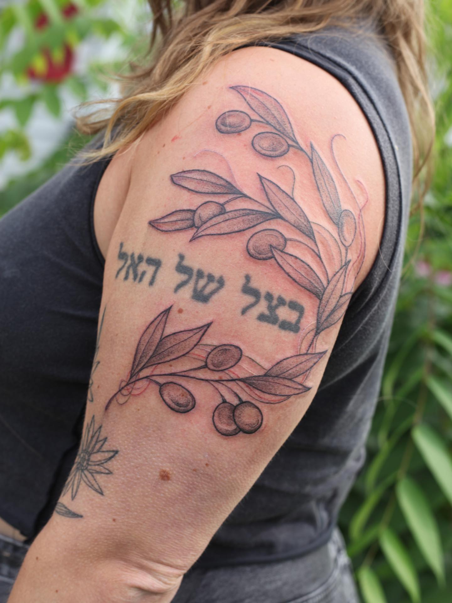 Olive branch black and grey tattoo on the upper arm by adrienne mae ❀