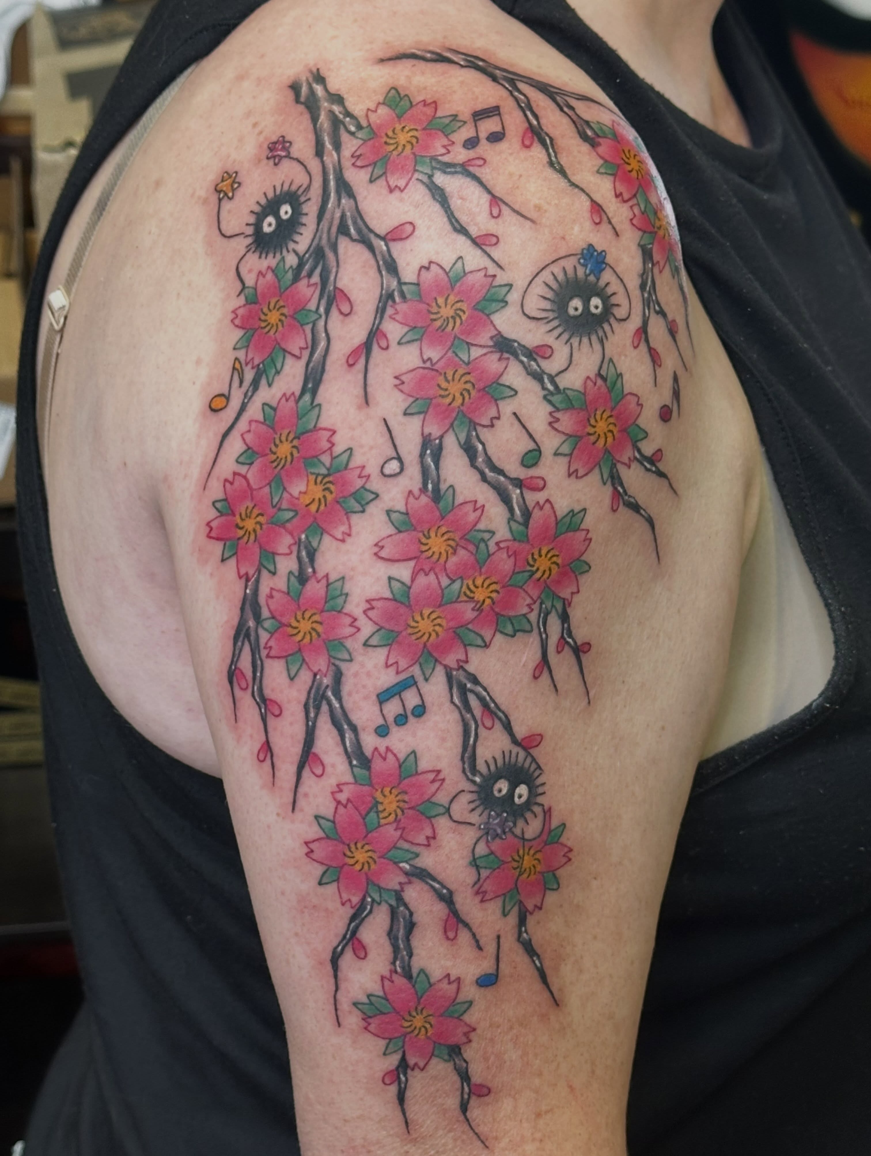 Cherry blossoms and spirits japanese irezumi tattoo on the shoulder by Wesley Lam