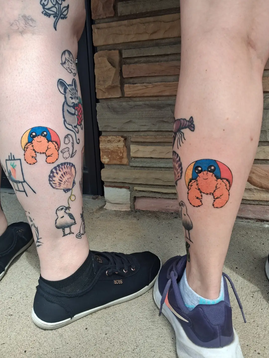Sea creatures illustrative tattoo on the leg by Amber Tattoos