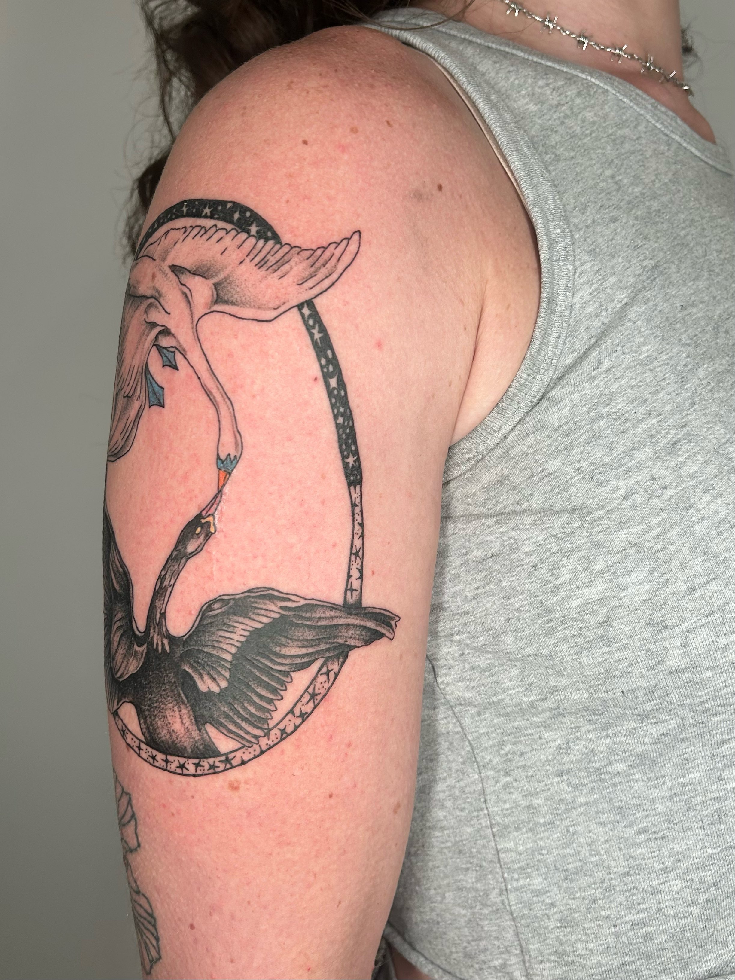 Swan and moon realism tattoo on the upper arm by ✧✦ ☻ ✦✧