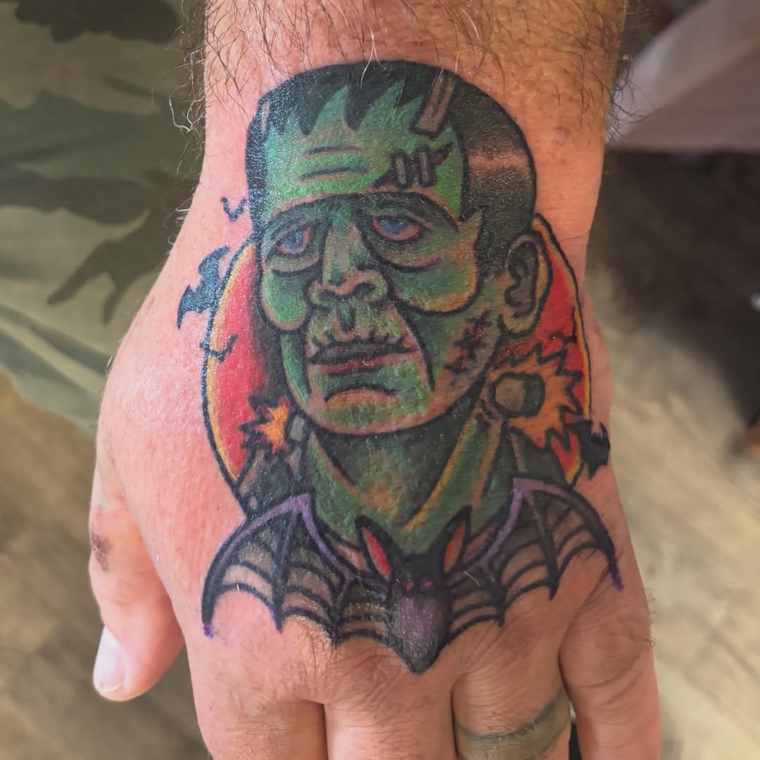 Frankenstein American traditional tattoo on the hand by Las Vegas Tattoo Artist