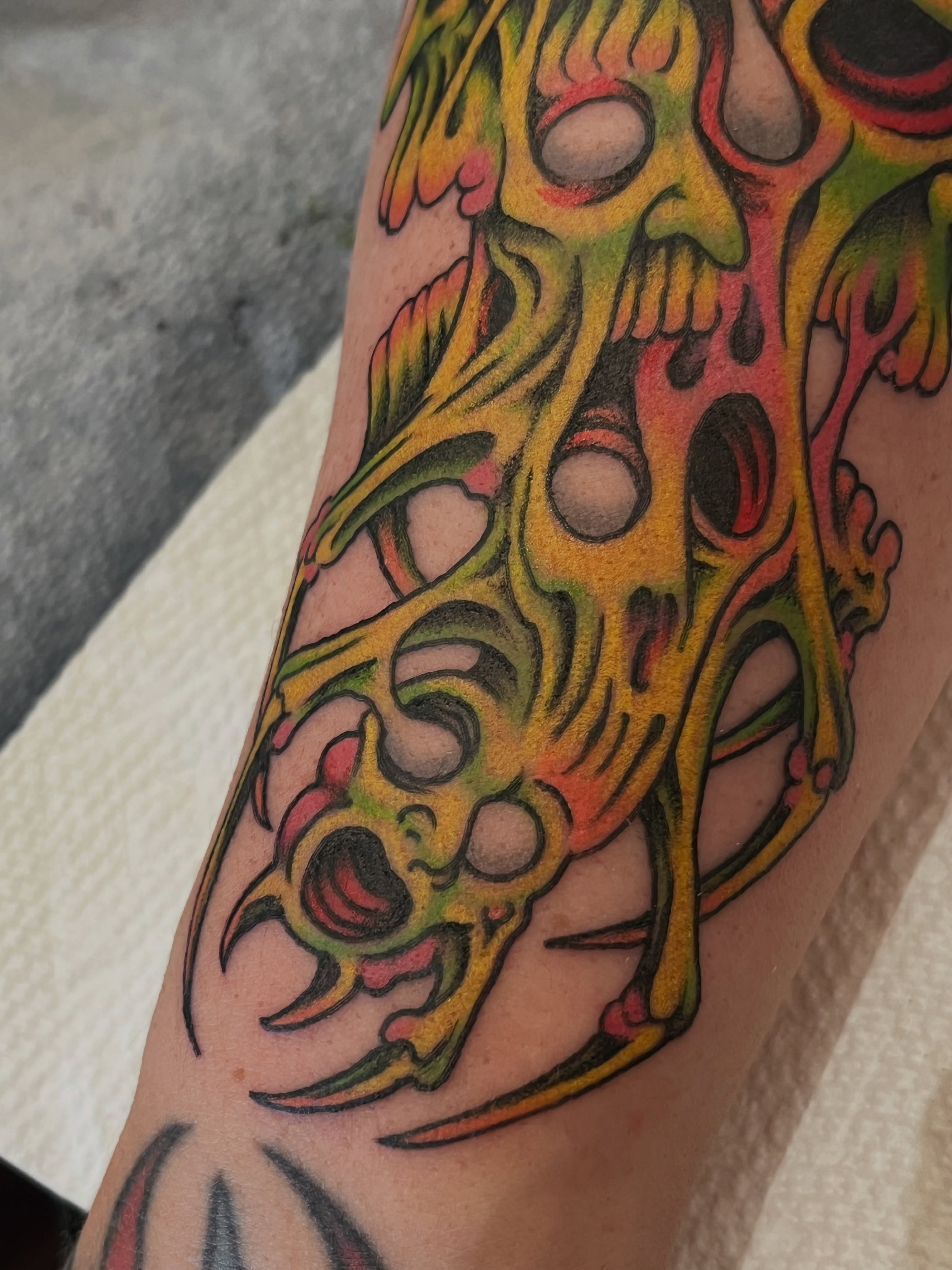 Skull new school tattoo on the forearm by Campbell Zane Alexander