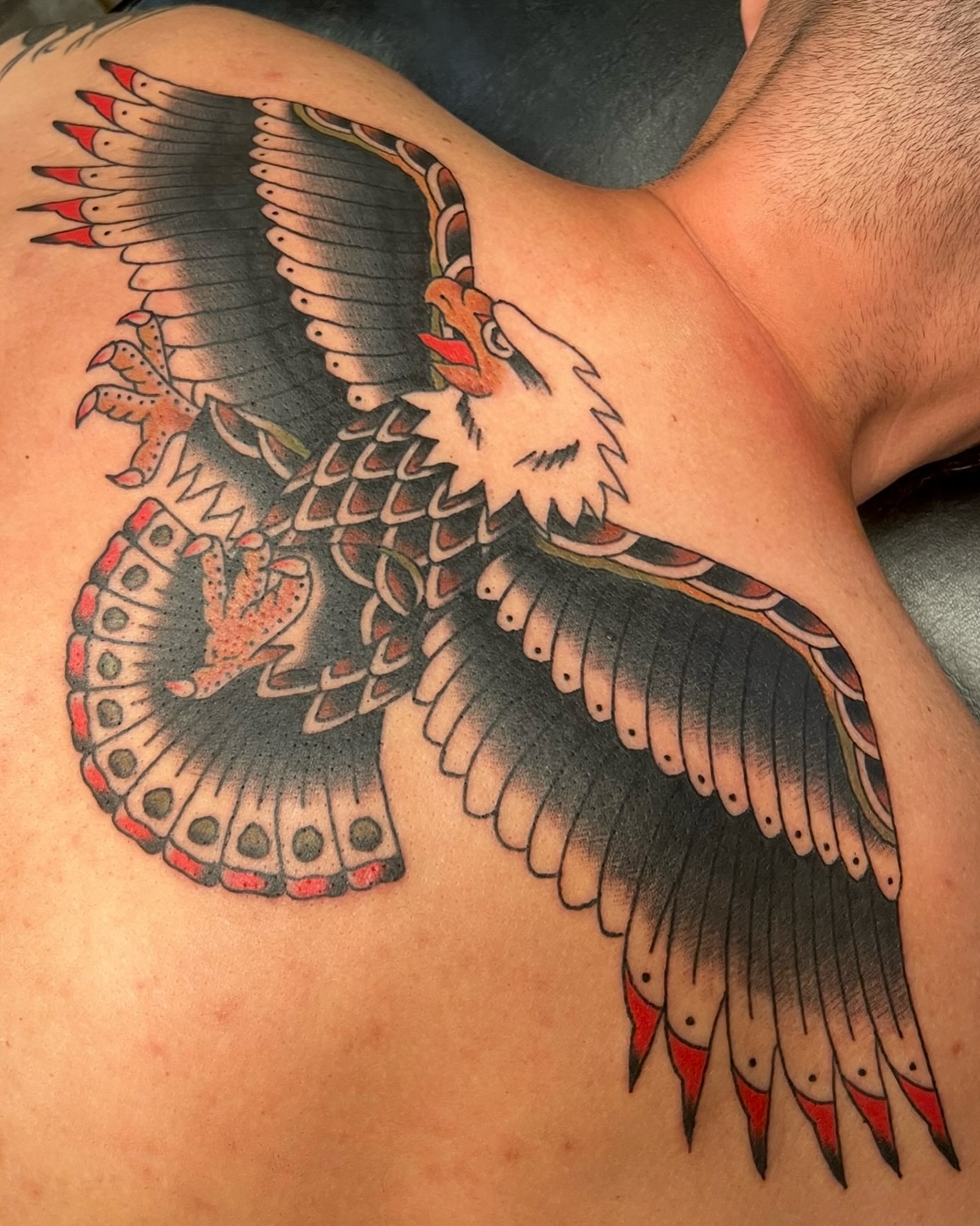 Eagle American traditional tattoo on the back by Tiffani Thompson, San Diego, California