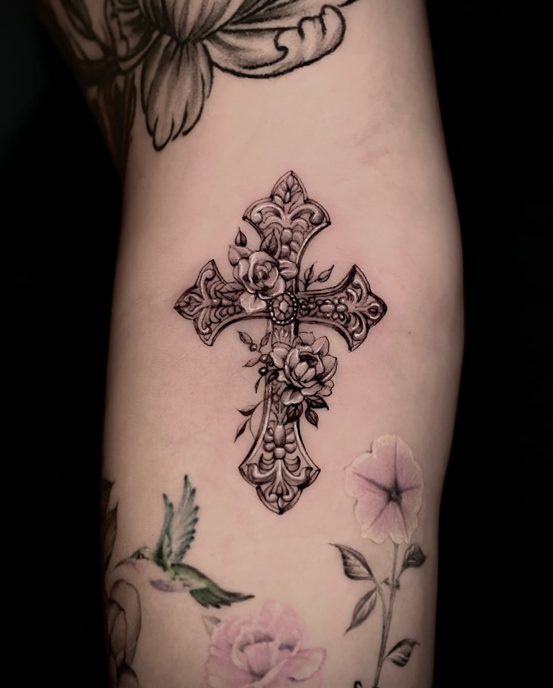 Cross ornamental tattoo on the forearm by Zonghuan Wu