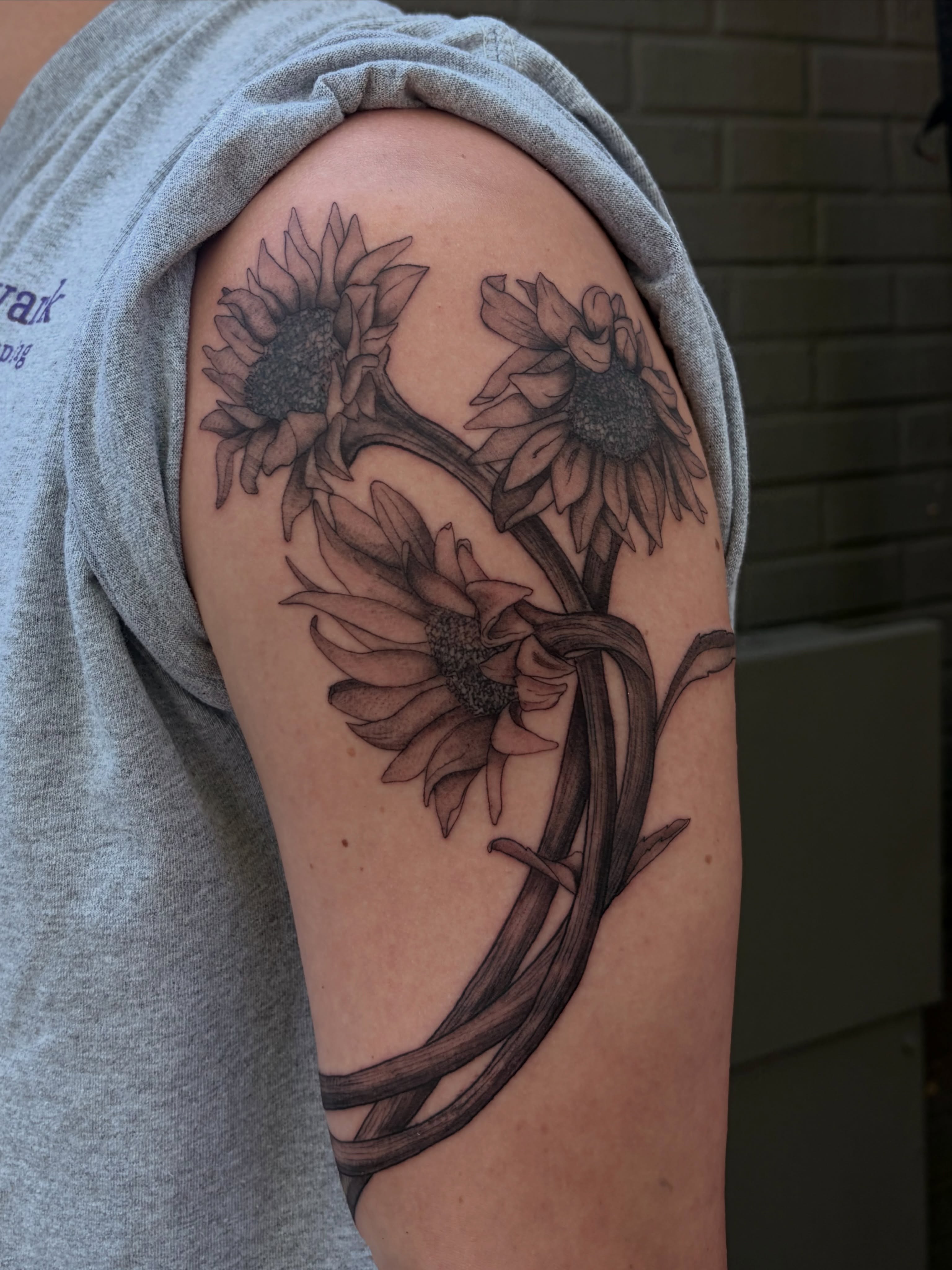 Sunflowers black and grey tattoo on the upper arm by father
