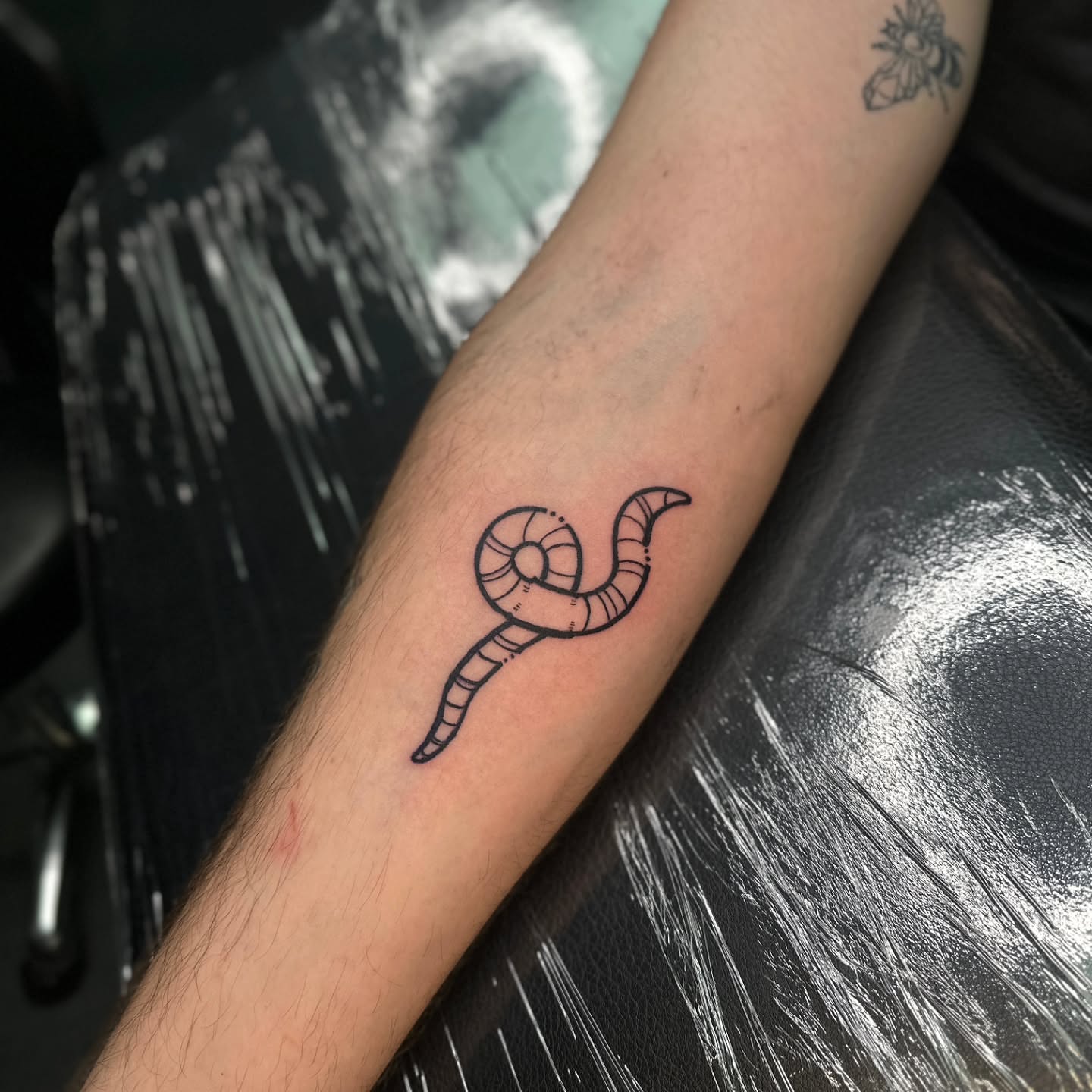 Worm geometric tattoo on the forearm by Benjamin Frost