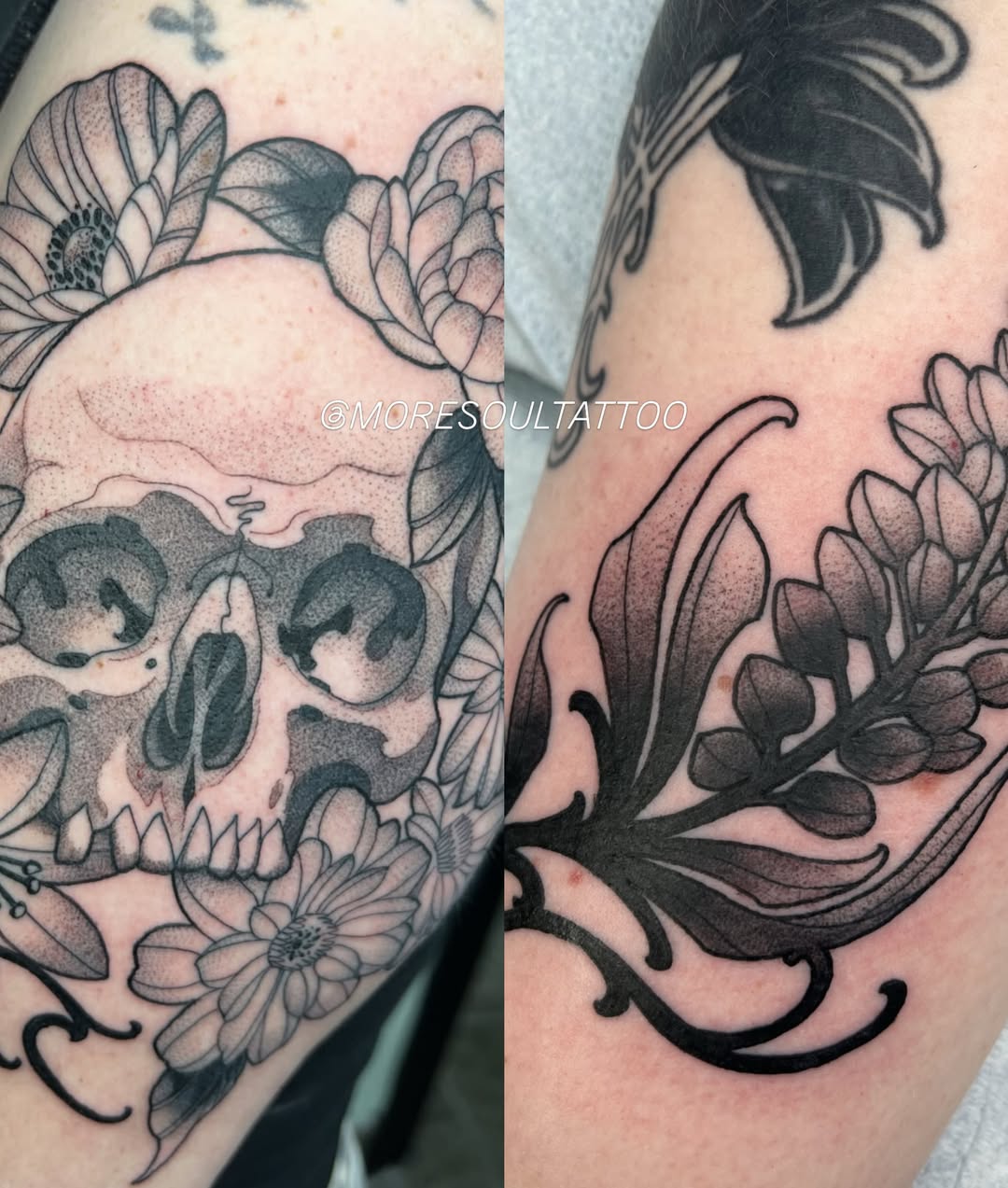 Skull and flowers black and grey tattoo on the upper arm by Nathan Garcia
