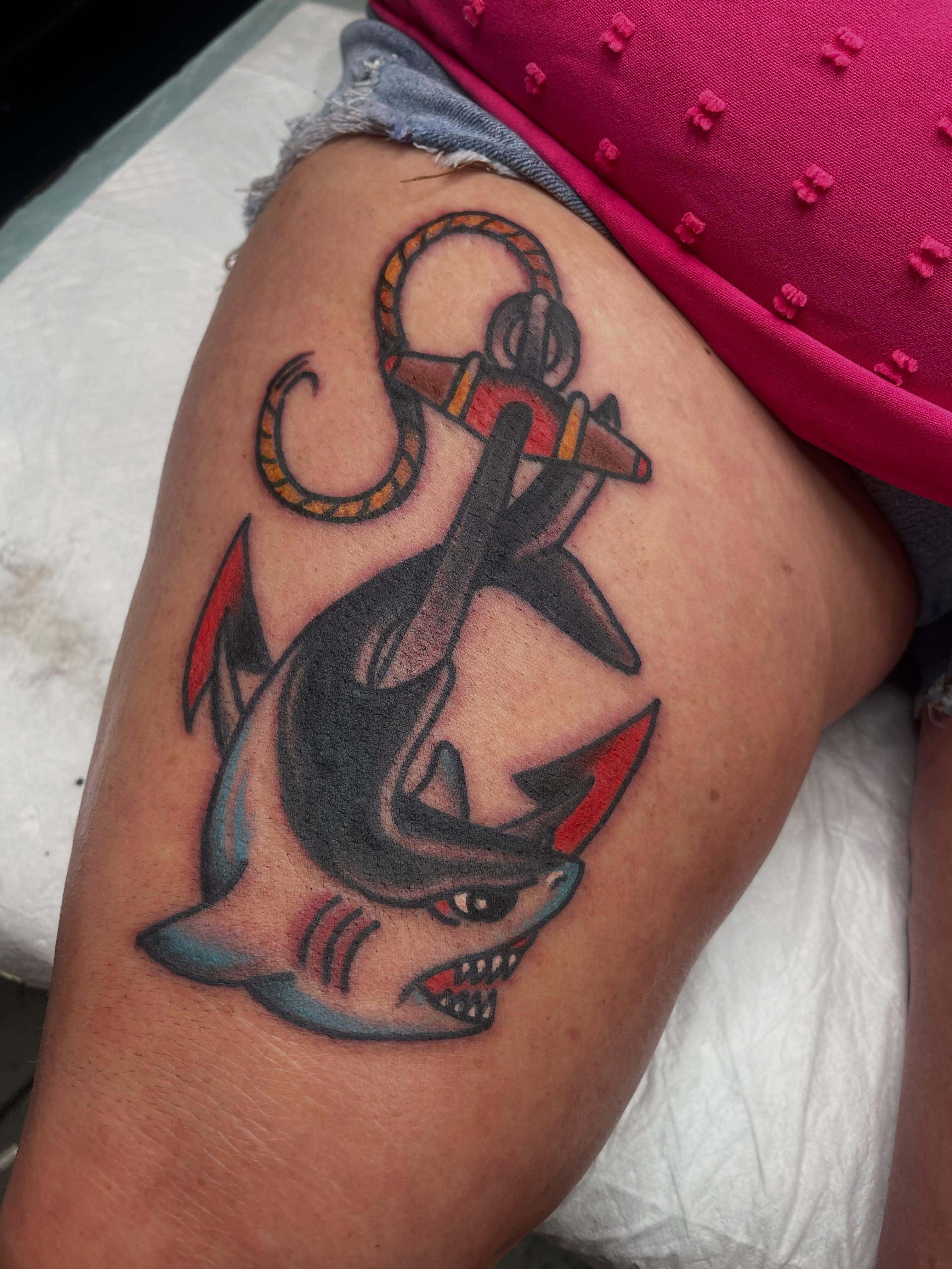 Shark anchor American traditional tattoo on the thigh by dave rash