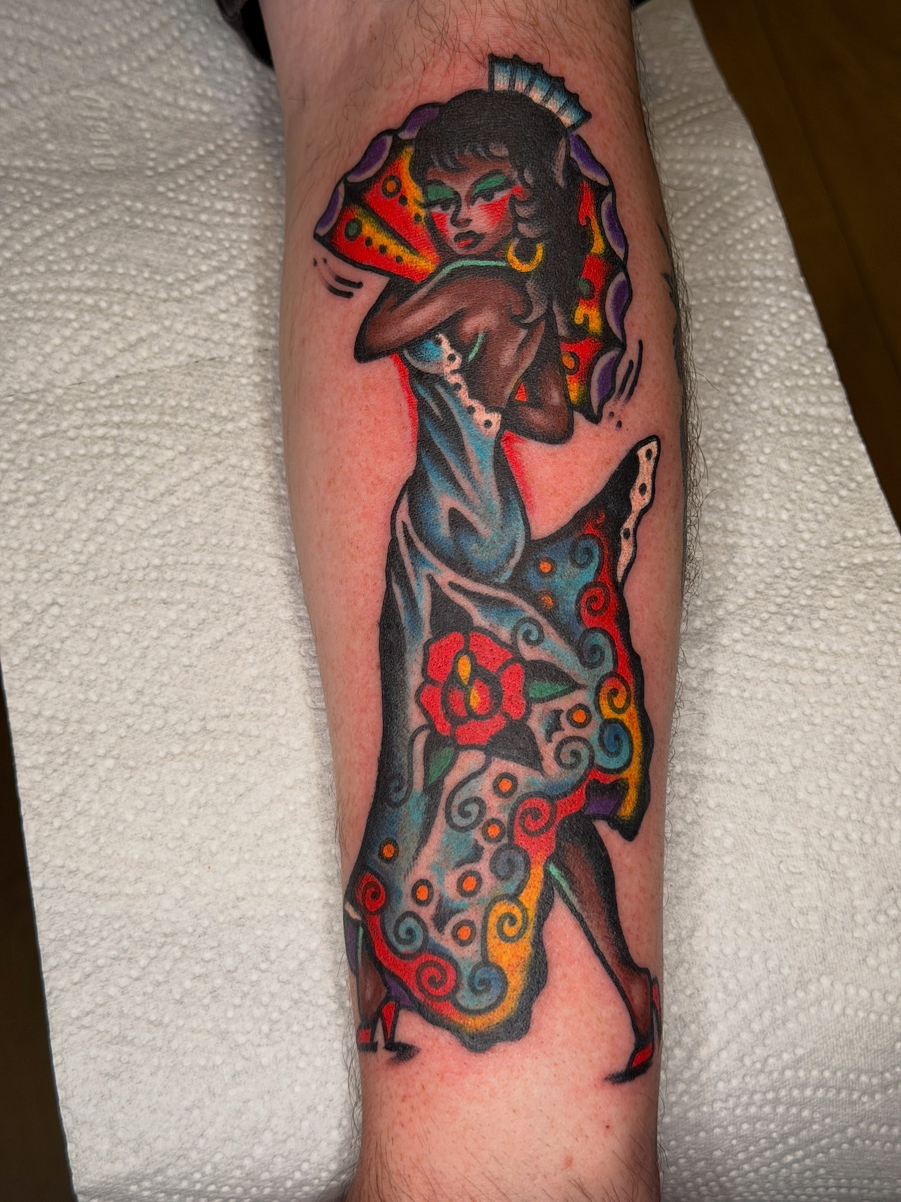Flamenco dancer American traditional tattoo on the forearm by Joshua Speight