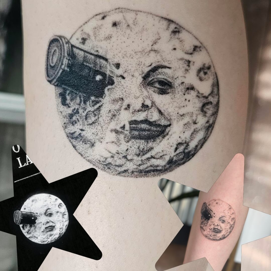 Moon with camera dotwork tattoo on the forearm by sara scak, Lakewood, Ohio