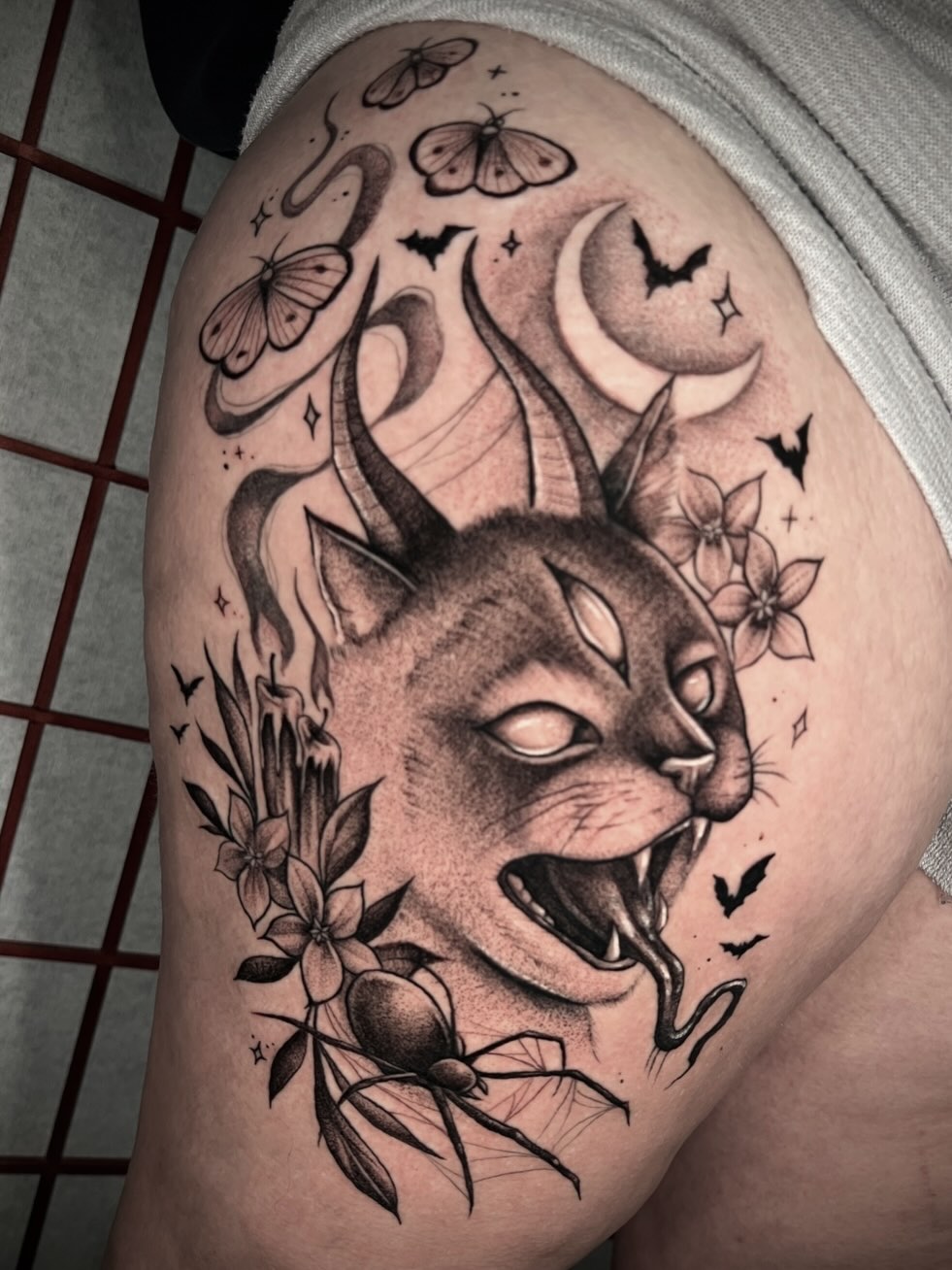 Cat realism tattoo on the thigh by π·ππ πππππ π·οΈ