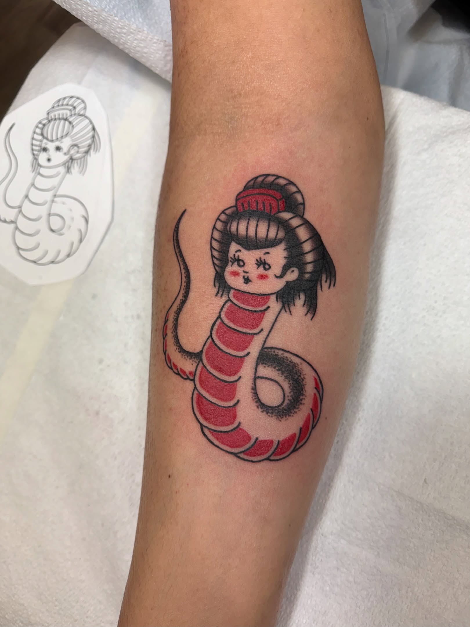Snake and geisha American traditional tattoo on the forearm by Las Vegas Tattoo Artist π€ Nani