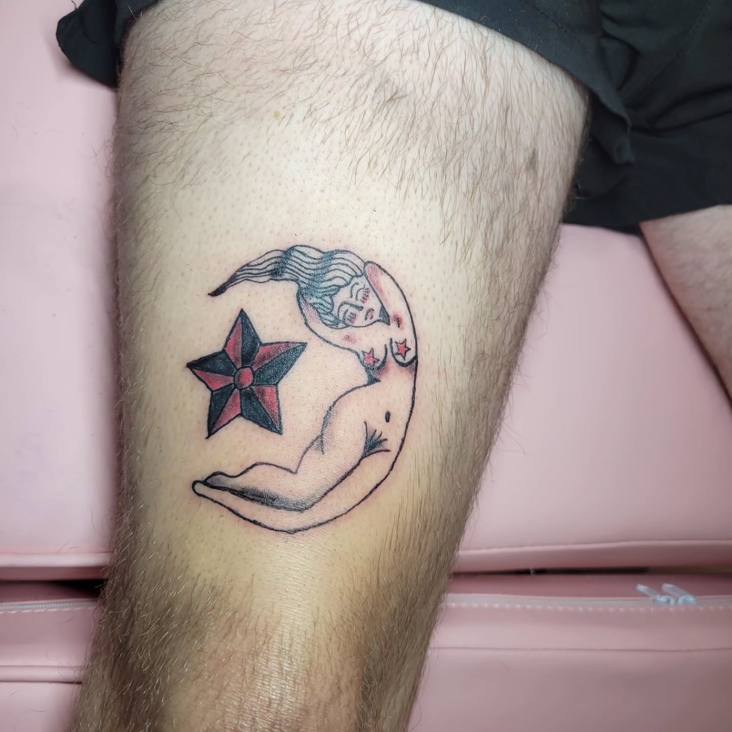 Mermaid neo-traditional tattoo on the thigh by Peach & Poke, Lethbridge, Alberta