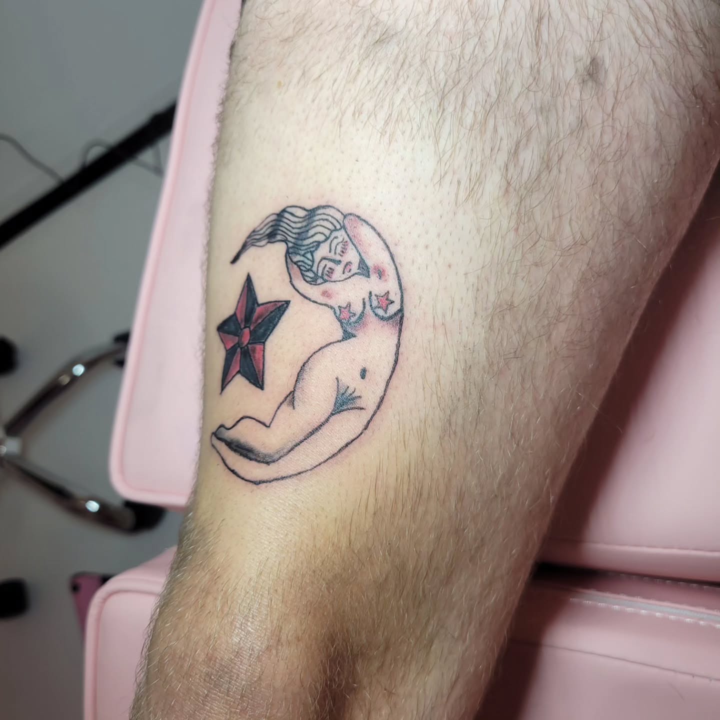 Mermaid neo-traditional tattoo on the forearm by Peach & Poke, Lethbridge, Alberta