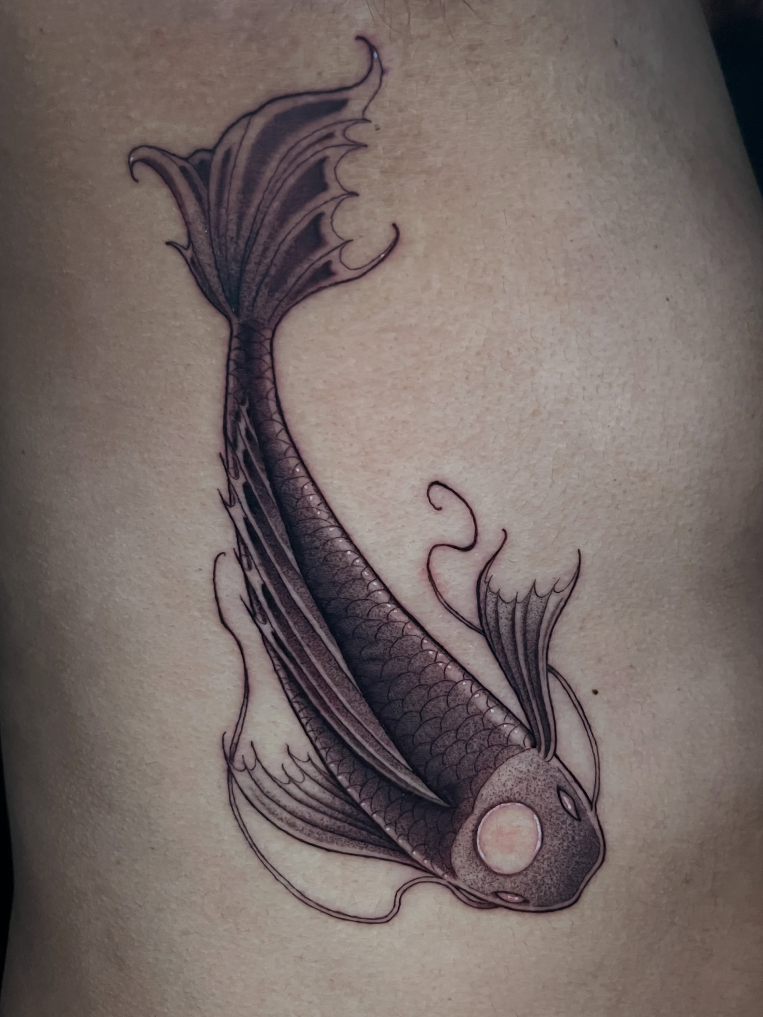 Koi fish black and grey tattoo on the ribs by Odi ✮⋆˙, Las Vegas, Nevada