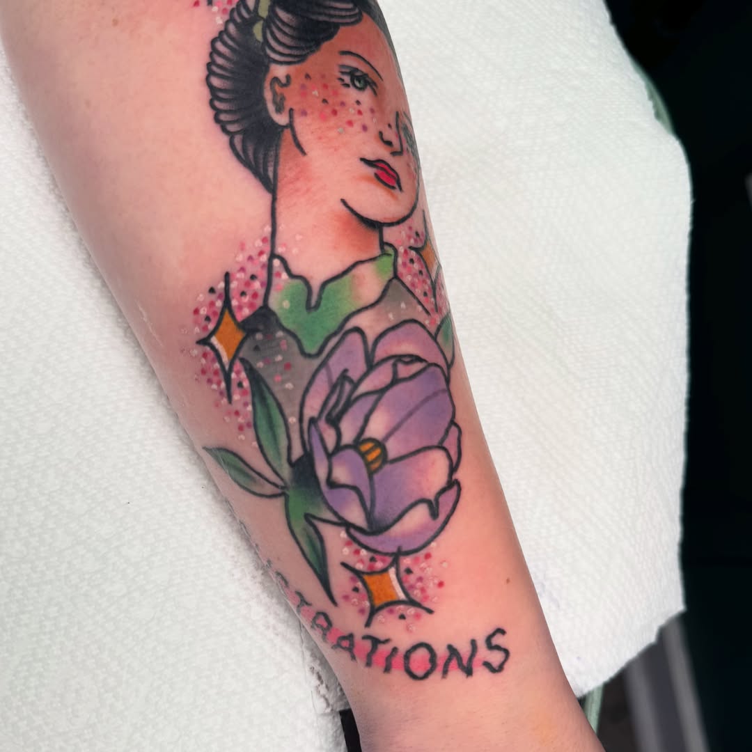 Geisha with flower American traditional tattoo on the forearm by Kurt Brecheis Jr., Malvern, Pennsylvania