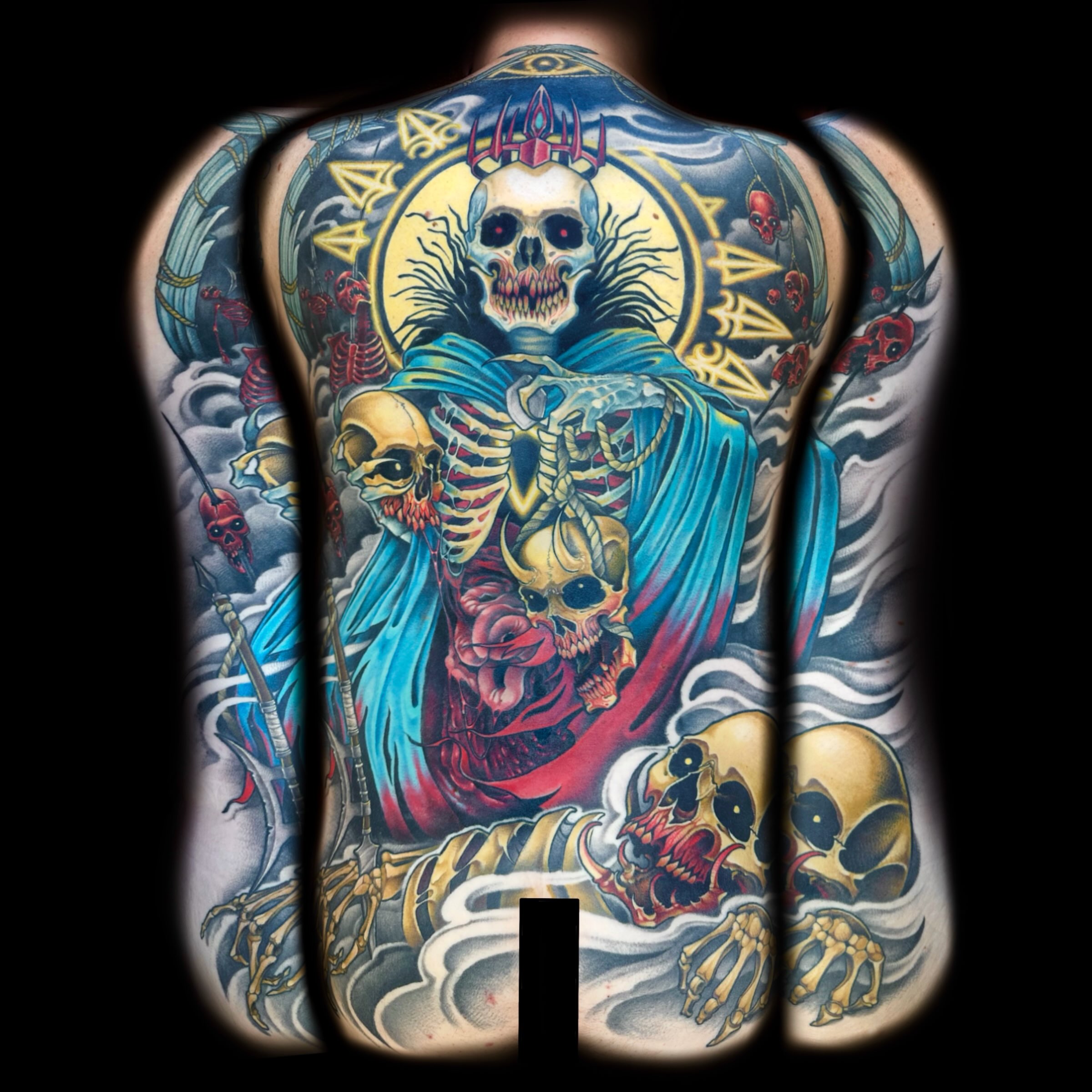 Skeletons and skulls American traditional tattoo on the back by Kelsea Weir McCree