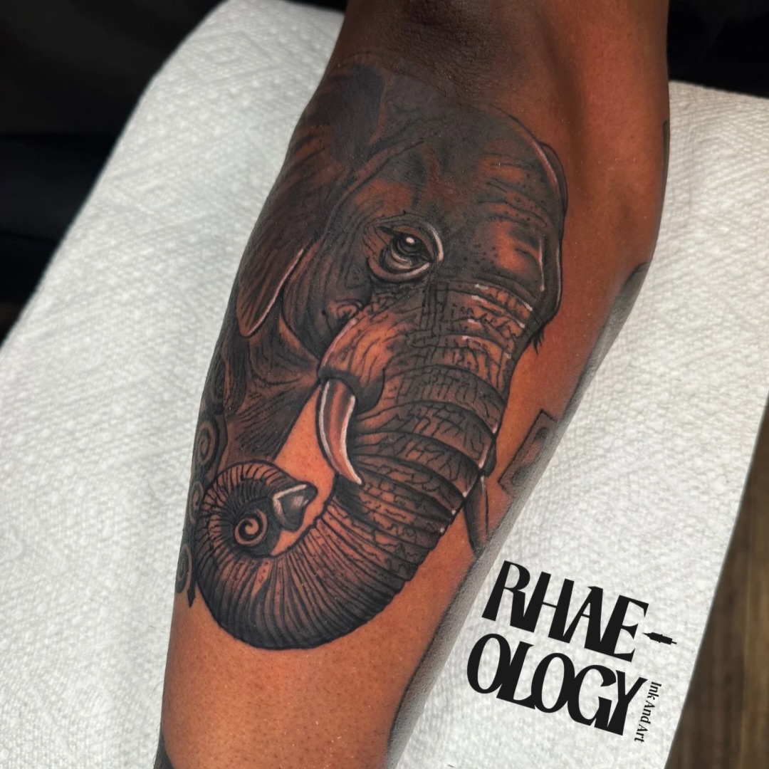 Elephant realism tattoo on the forearm by Mariyah Rhae Lewis