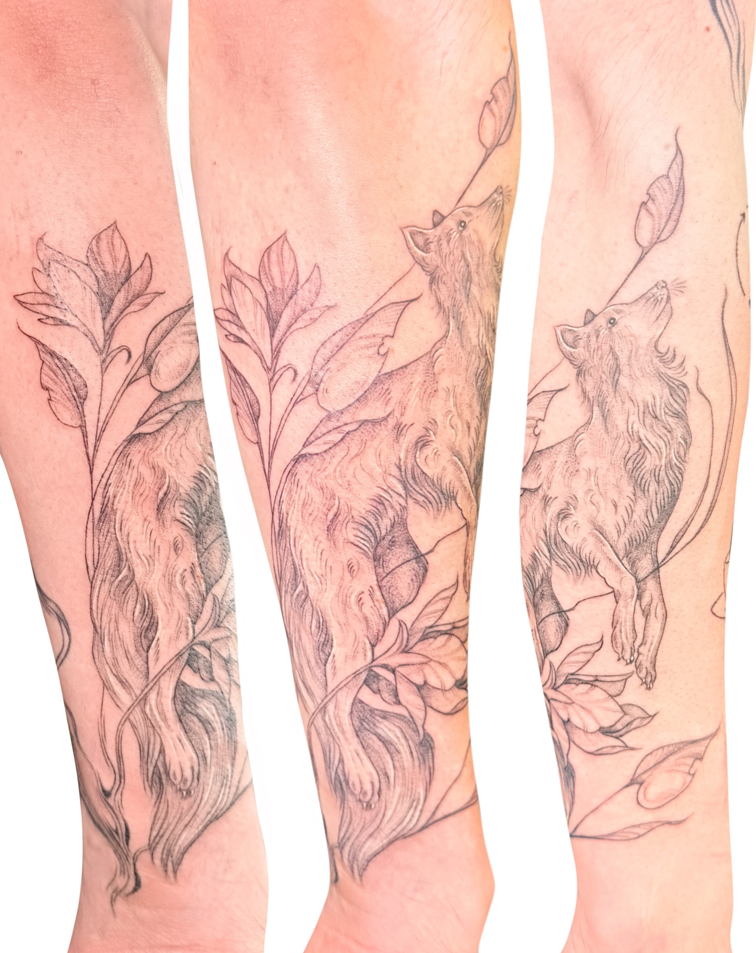 Wolves and flowers black and grey tattoo on the forearm by Fionna, Seattle, Washington