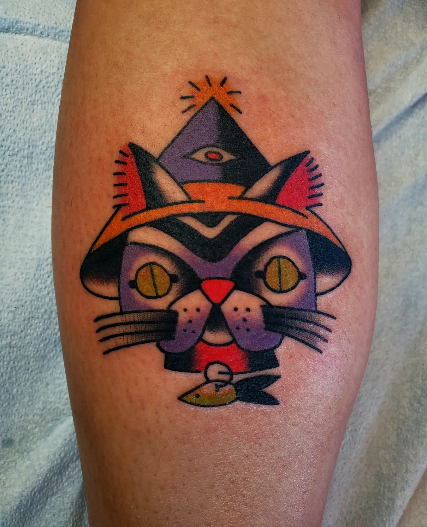 Cat American traditional tattoo on the forearm by Quinn, Kansas City, Missouri