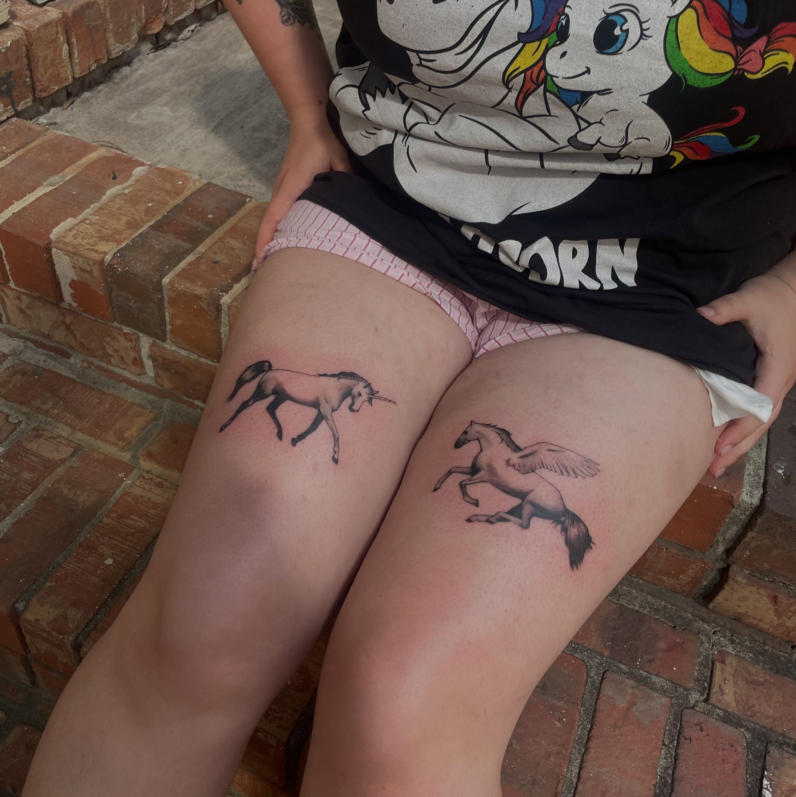 Unicorns realism tattoo on the thigh by sanjai