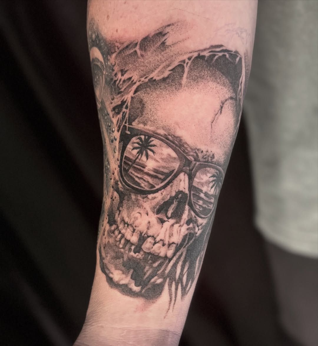 Skull wearing sunglasses dotwork tattoo on the forearm by 🦇💀Matt Perlman💀🦇