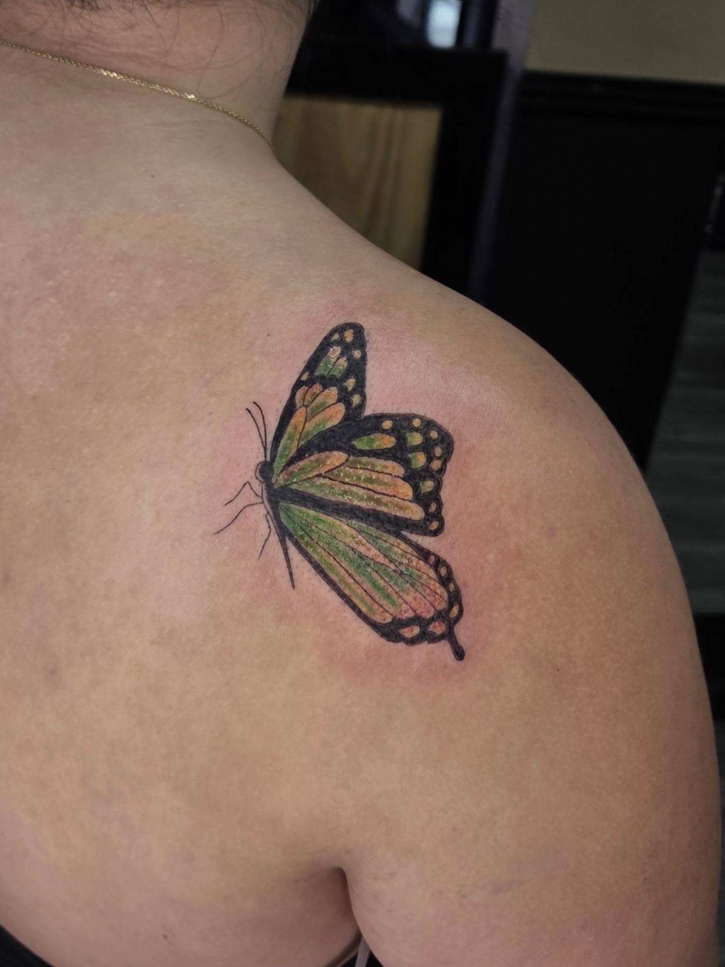 Butterfly realism tattoo on the shoulder by Jessica Duggan