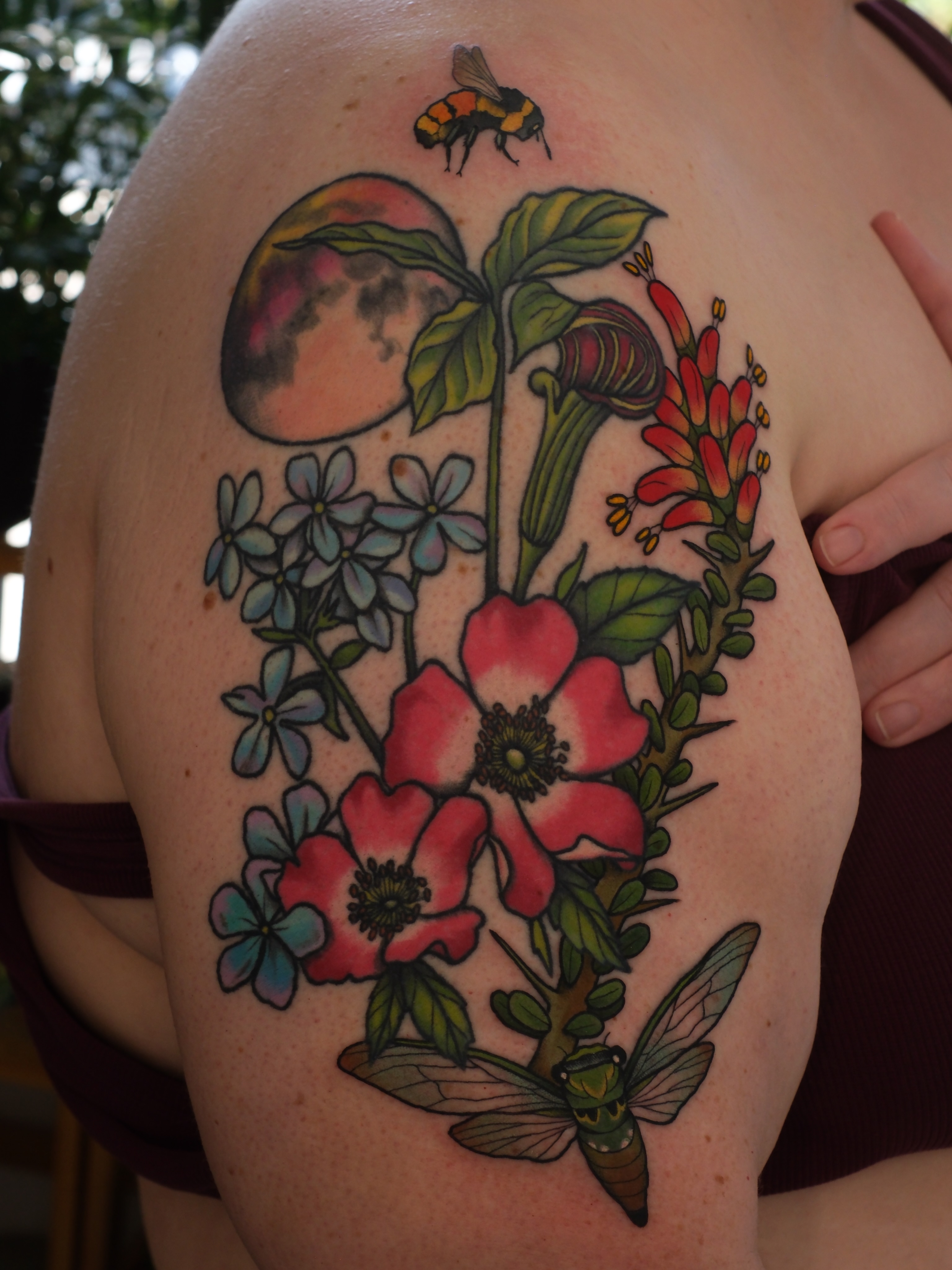 Flower bouquet new school tattoo on the shoulder by Mallory Murphy, Denton, Texas