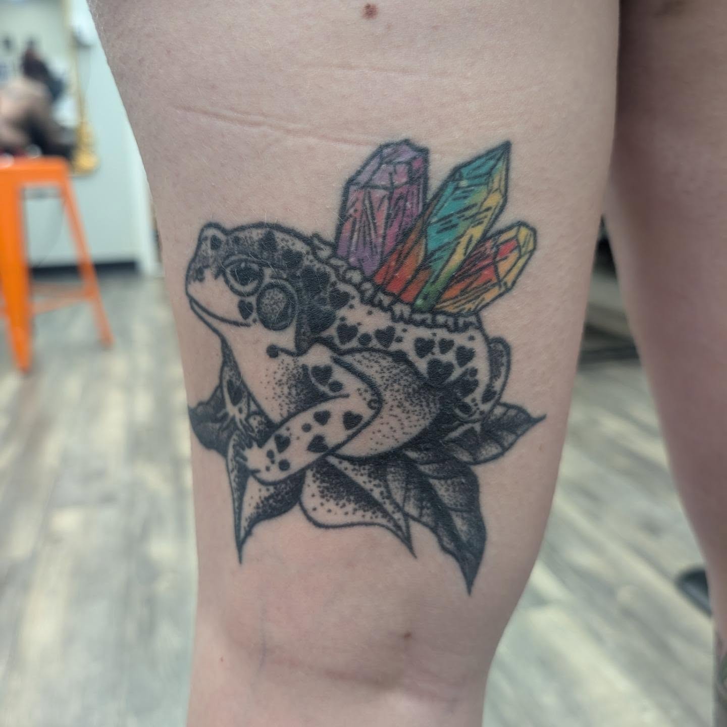 Frog with crystals dotwork tattoo on the thigh by Talia Zula, Loveland, Ohio