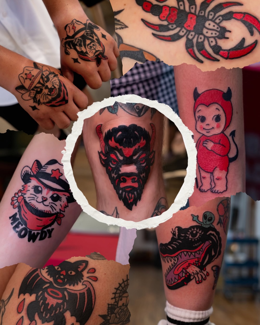 Demon mask American traditional tattoo on the leg by Neto Velasco - Sad Cat Tattoo, Austin, Texas