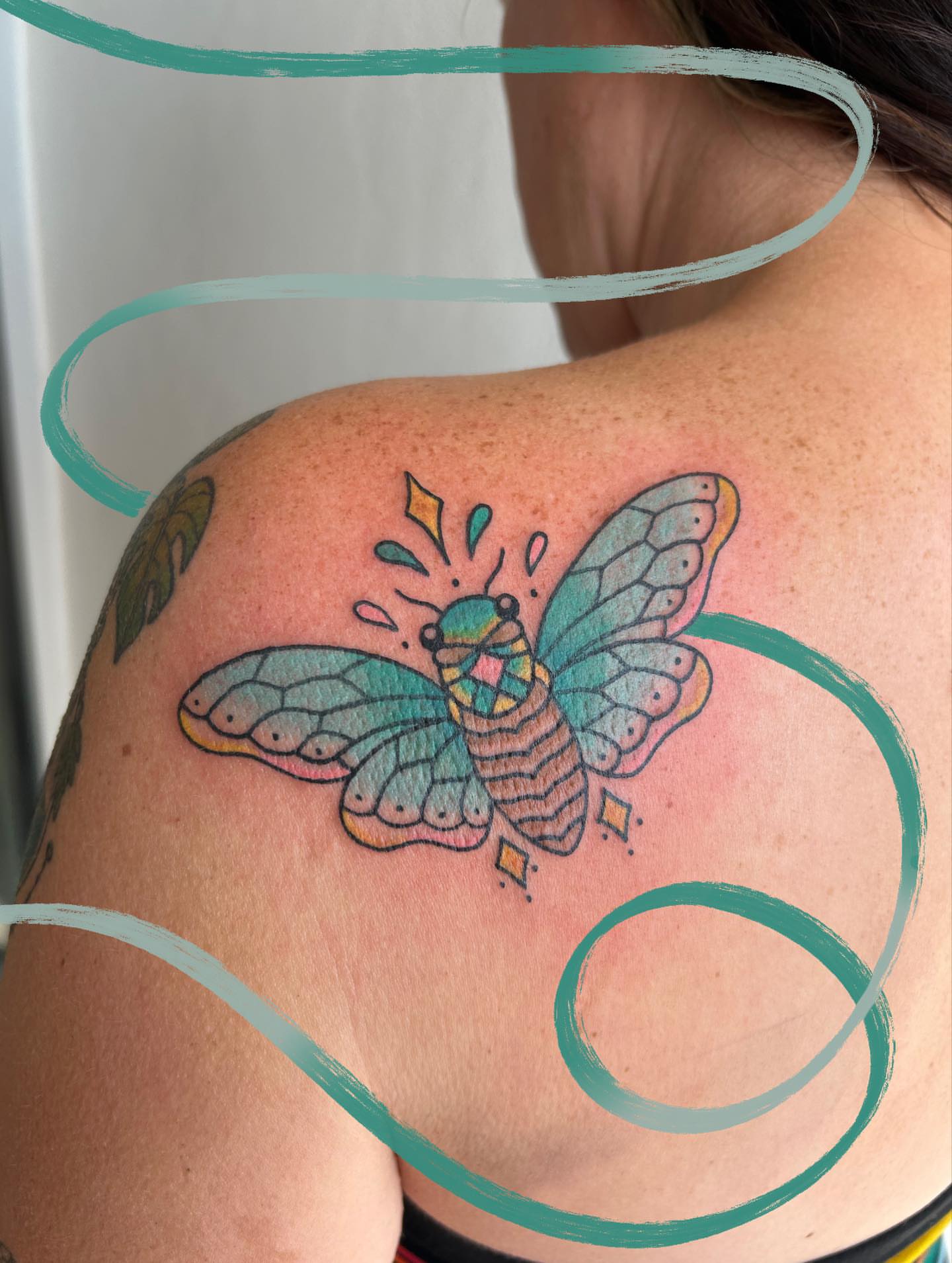 Butterfly new school tattoo on the shoulder by Courtney