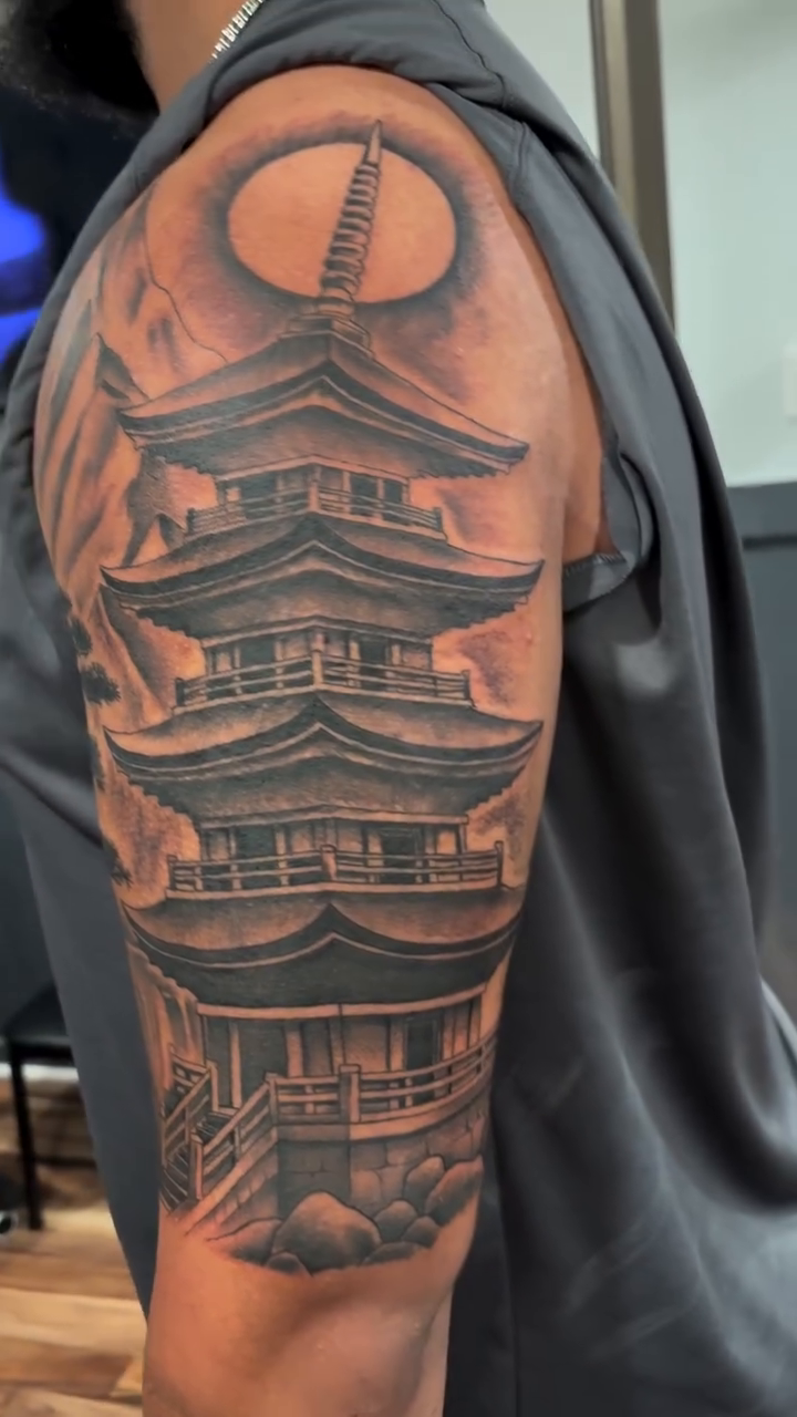 Pagoda and moon japanese irezumi tattoo by Blake