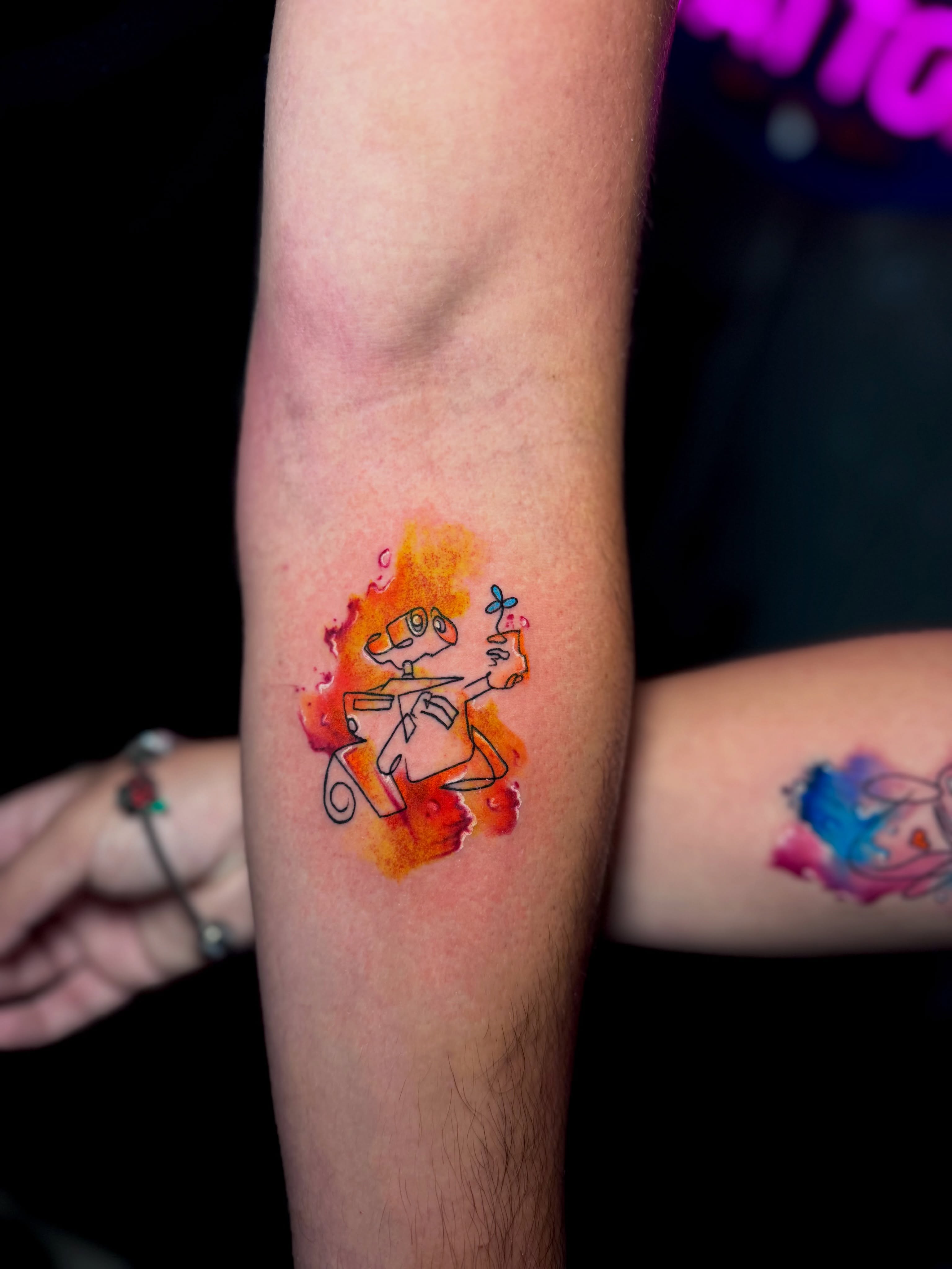 Robot watercolor tattoo on the forearm by Keyla Valdes, Miami, Florida