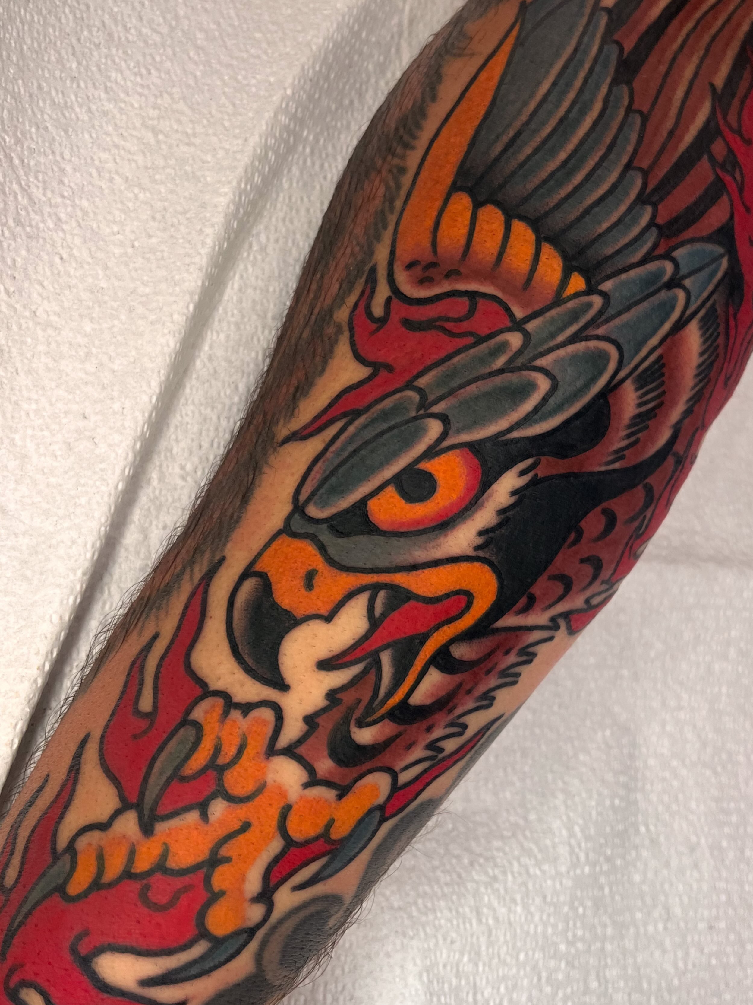 Demon American traditional tattoo on the forearm by Sky G, Colorado Springs, Colorado