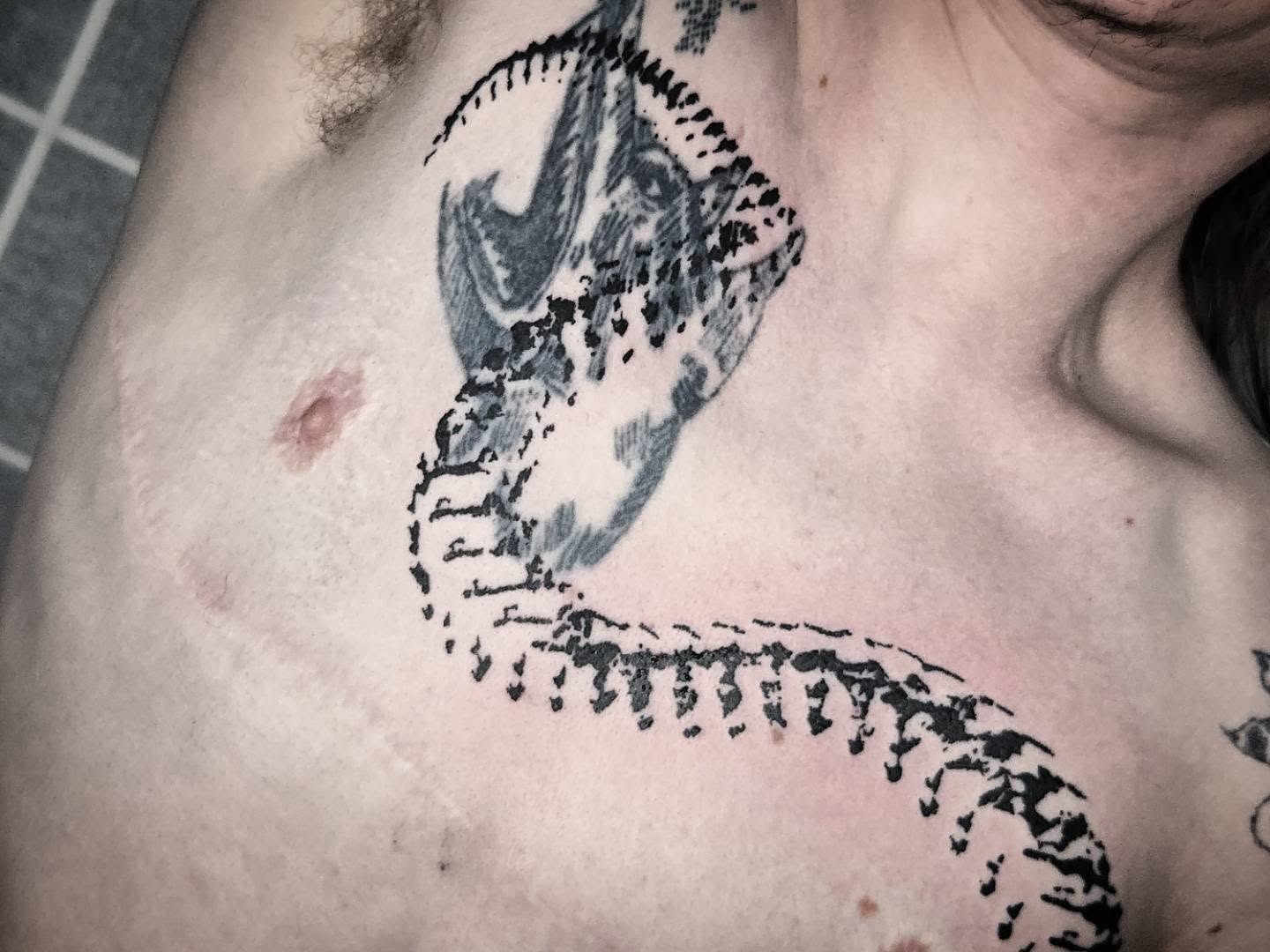 Snake black and grey tattoo on the chest by ⚙️ 𝔄𝔞𝔯𝔬𝔫 𝔇. ⚙️