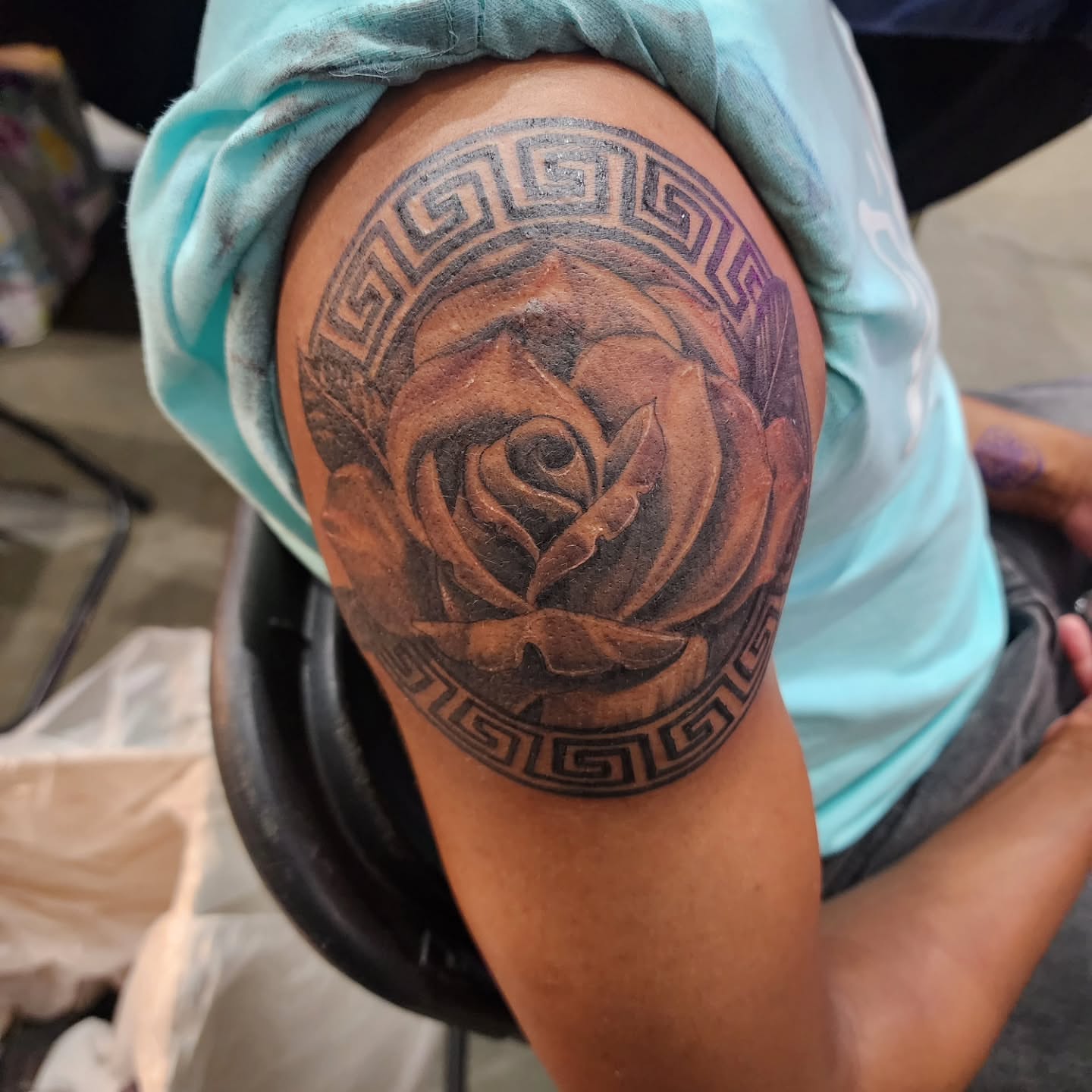Rose realism tattoo on the shoulder by Joe Garcia